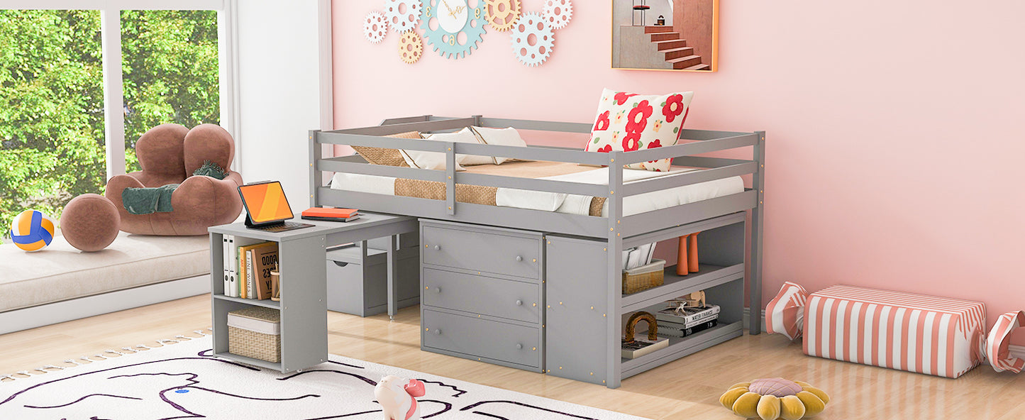 Full Size Loft Bed with Retractable Writing Desk and 3 Drawers, Wooden Loft Bed with Storage Stairs and Shelves, Gray