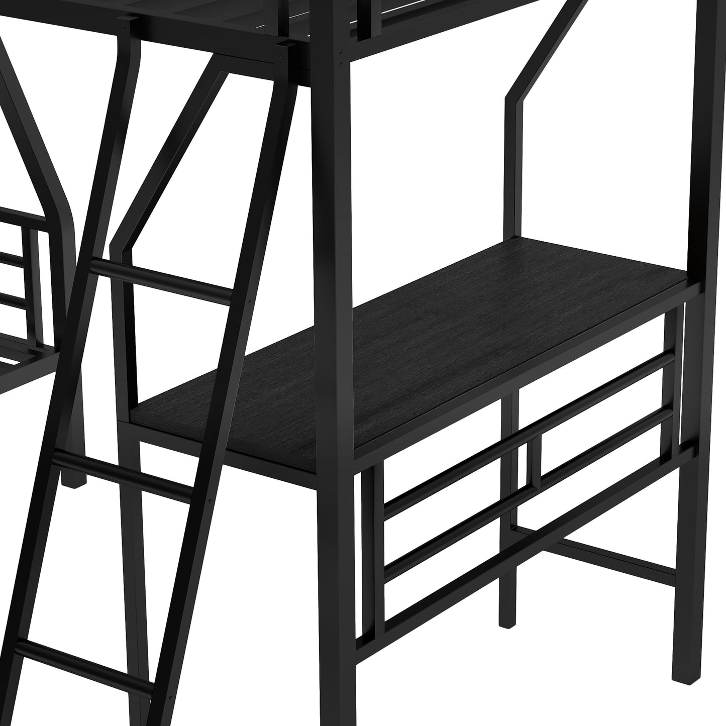 Innovative Space-Saving Twin over Full Bunk Bed with Loft Bed, Desk & Metal Frame, Black