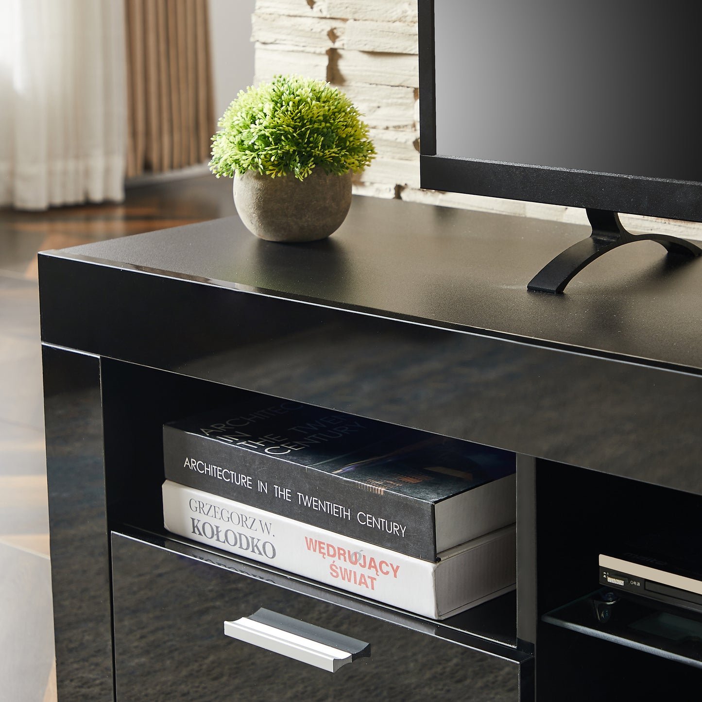 Modern Black TV Stand with LED Lights and High Gloss Front Cabinet - Versatile Assembly for Any Room - Black Color