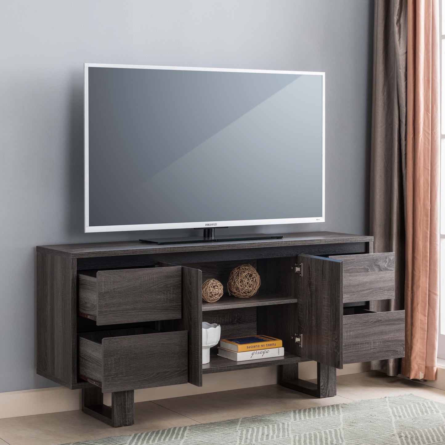 Distressed Gray and Ebony TV Console with Storage Drawers and Cabinet