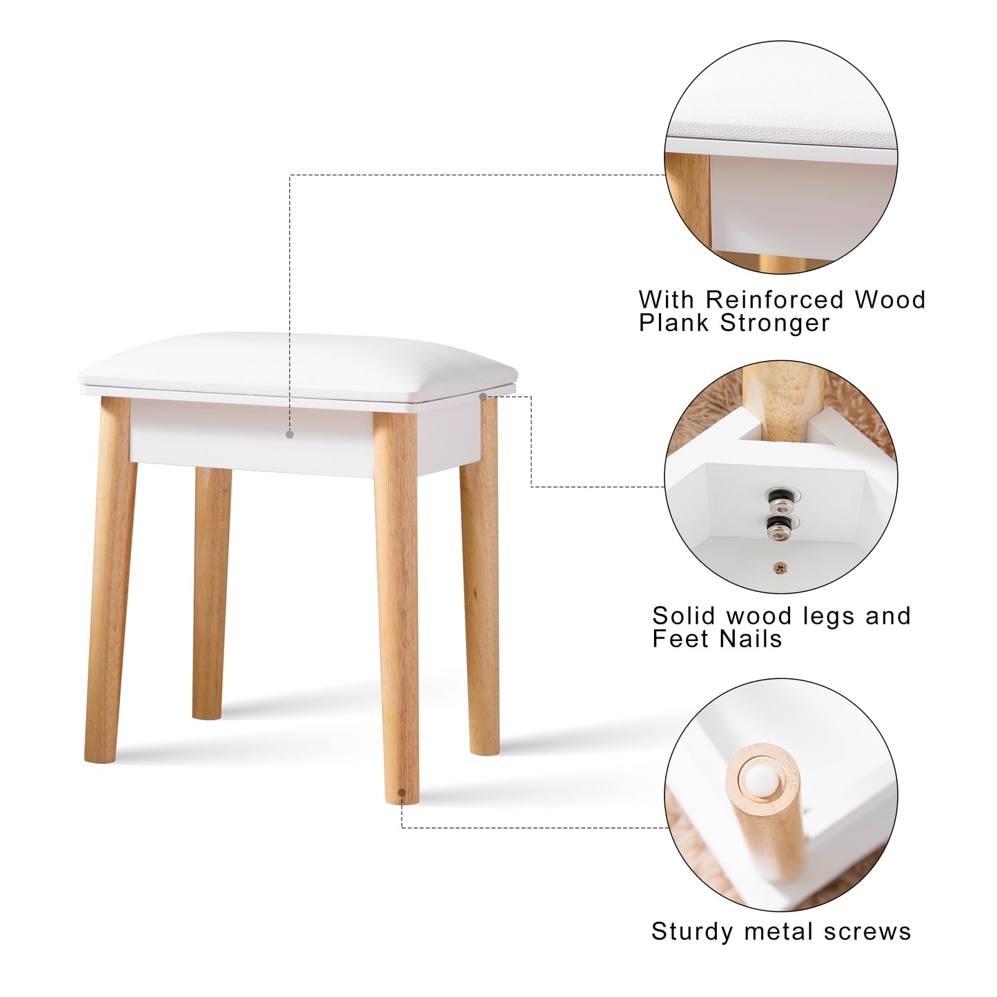 Wooden Vanity Stool Makeup Dressing Stool with PU Seat,White