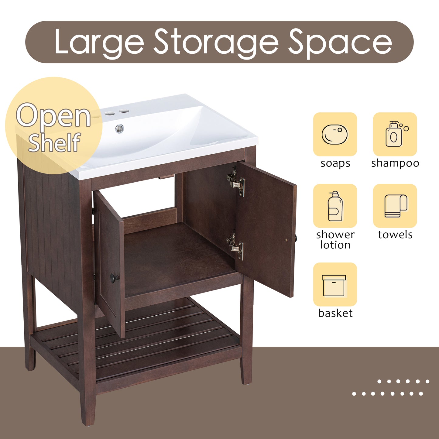 24" Brown Modern Sleek Bathroom Vanity Elegant Ceramic Sink with Solid Wood Frame Open Style Shelf