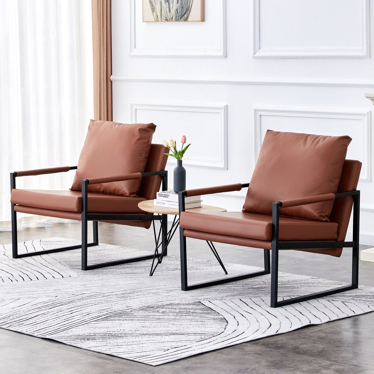 Contemporary Brown PU Leather Armchair Set with Metal Frame