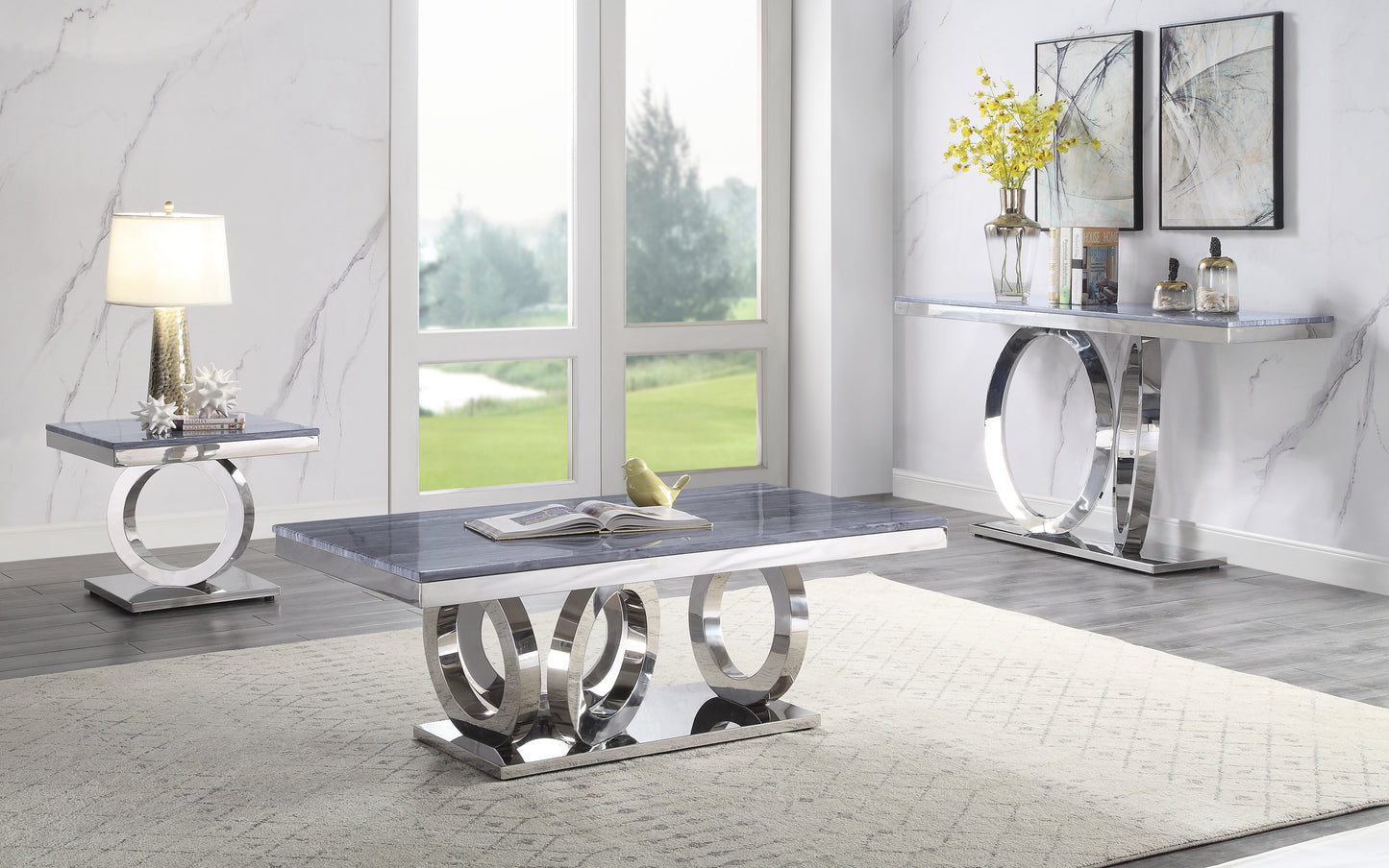 Zasir Modern Gray Marble Coffee Table with Mirrored Silver Finish