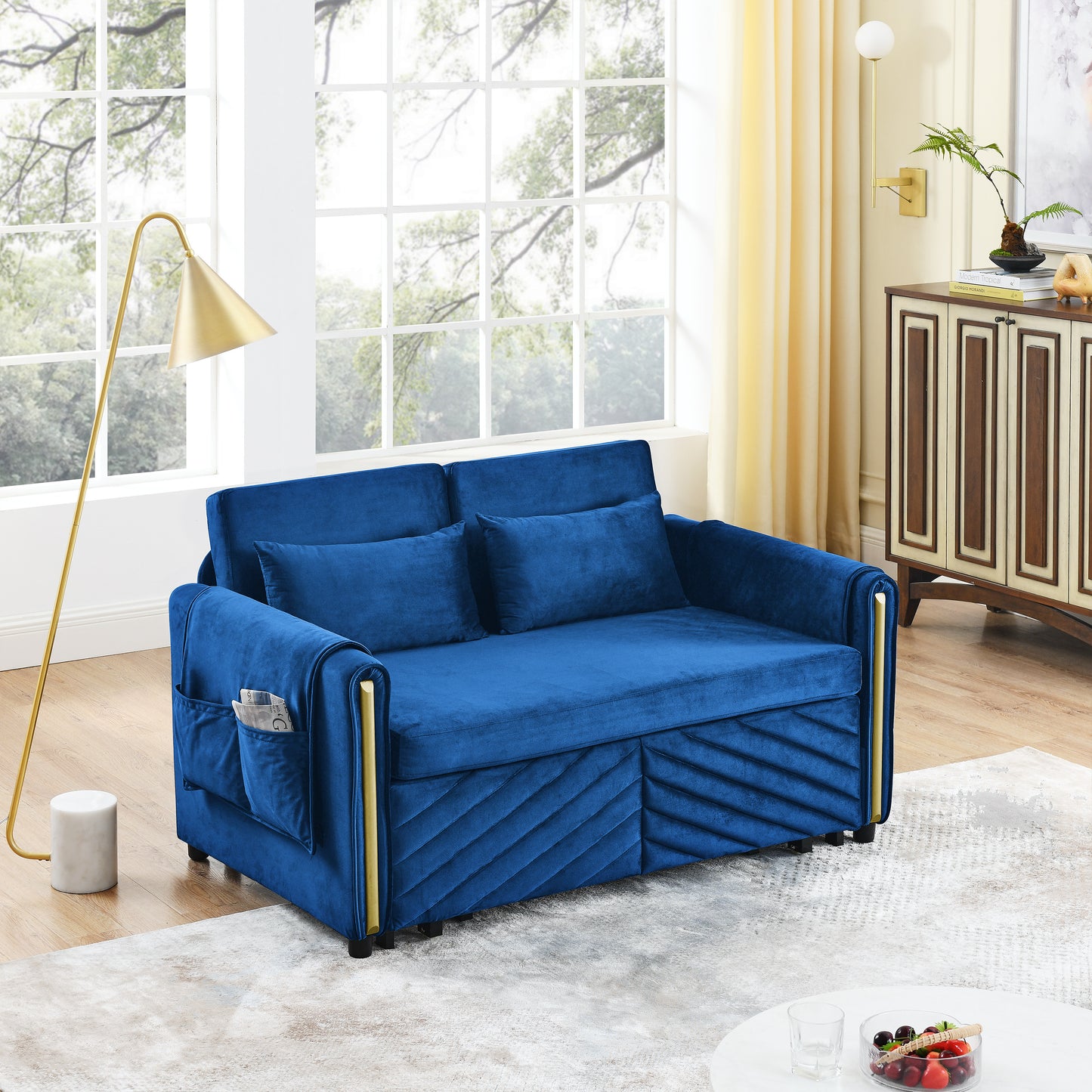 Luxury 3-in-1 Convertible Sleeper Sofa Bed Couch, 55" Pull Out Couch for Living Room, Multi-Functional Navy Blue Velvet Loveseat Futon Bed with 2 Pillows and Storage Bags