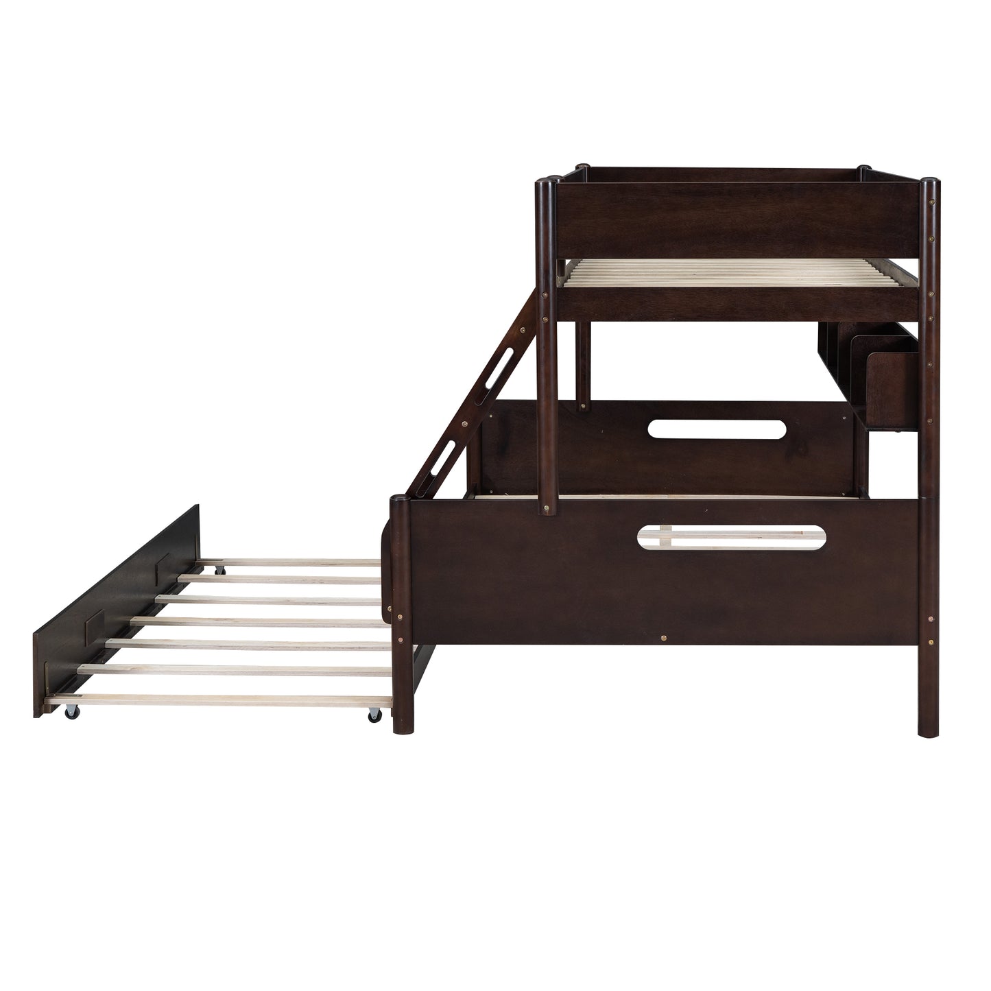 Espresso Wood Bunk Bed with Twin Over Full, Storage Shelves, Trundle, and Sturdy Construction