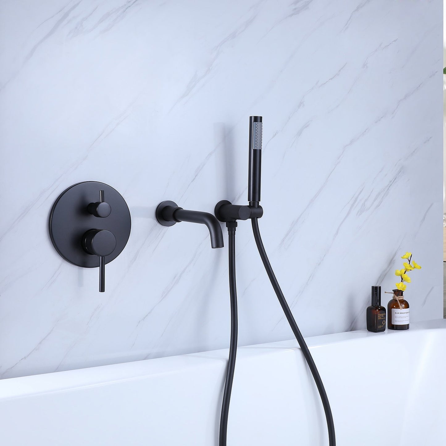 Black Matte 2-Handle Wall Mount Rain Mixer Shower Faucet with Hand Shower