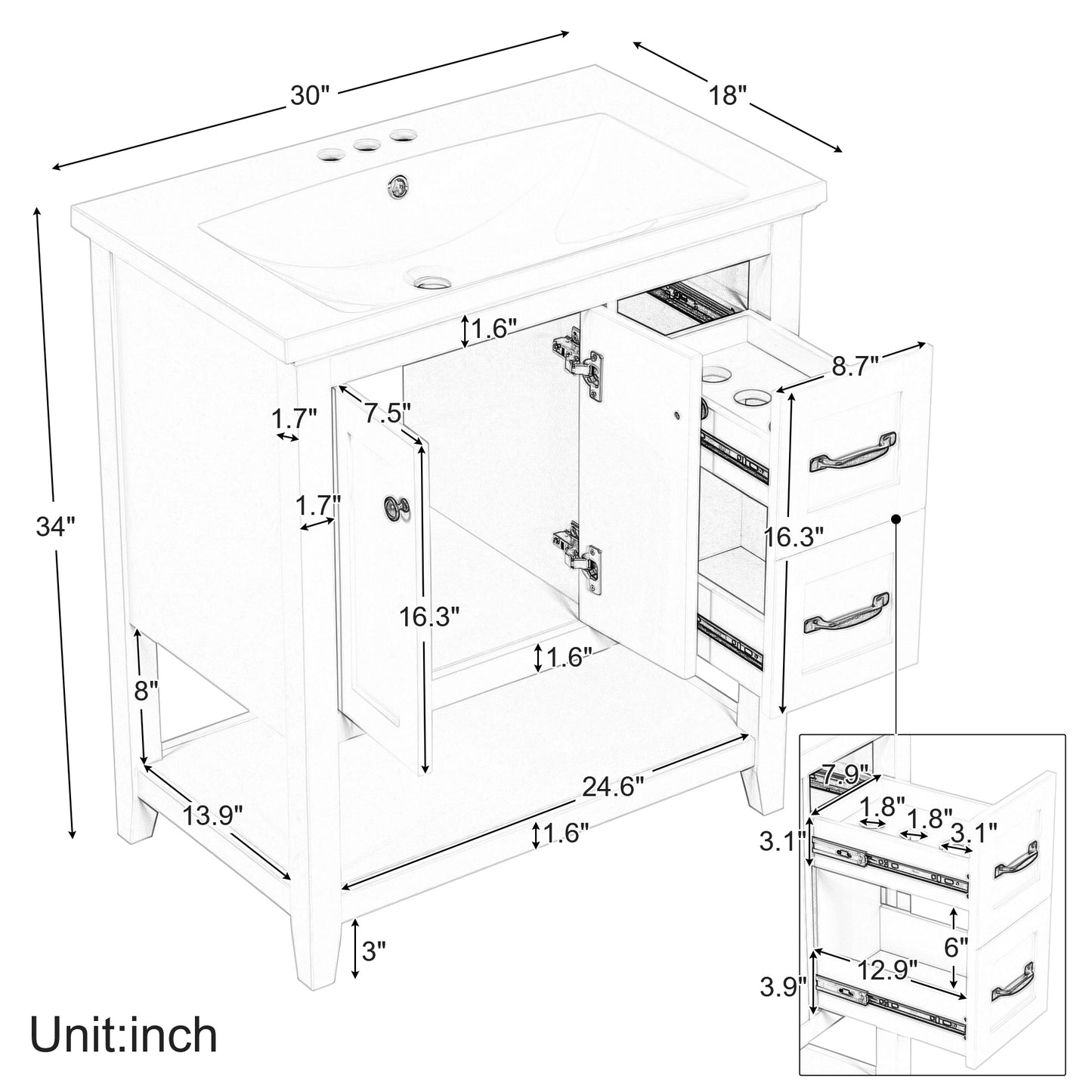 30" Bathroom Vanity with Ceramic Sink Top, Vanity Cabinet with Multi-Functional Drawer, Solid Wood Legs, White