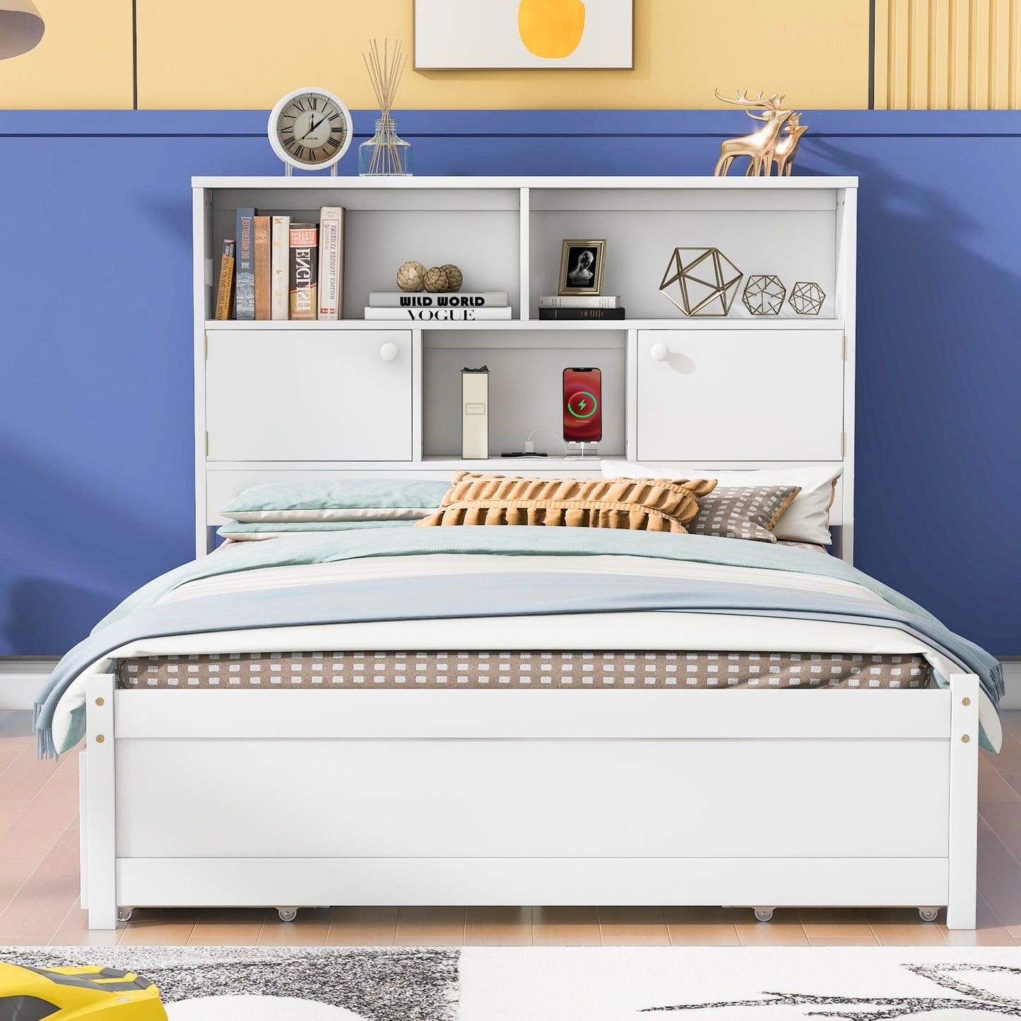 Full Size Platform Bed with Storage Headboard, Charging Station and 4 Drawers, White