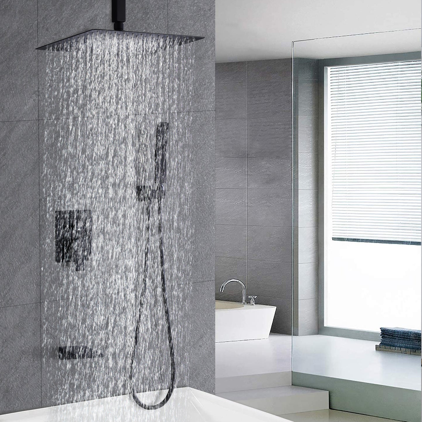 Shower System with 12 Rain Shower Head, Waterfall Tub Spout, and Handheld Shower