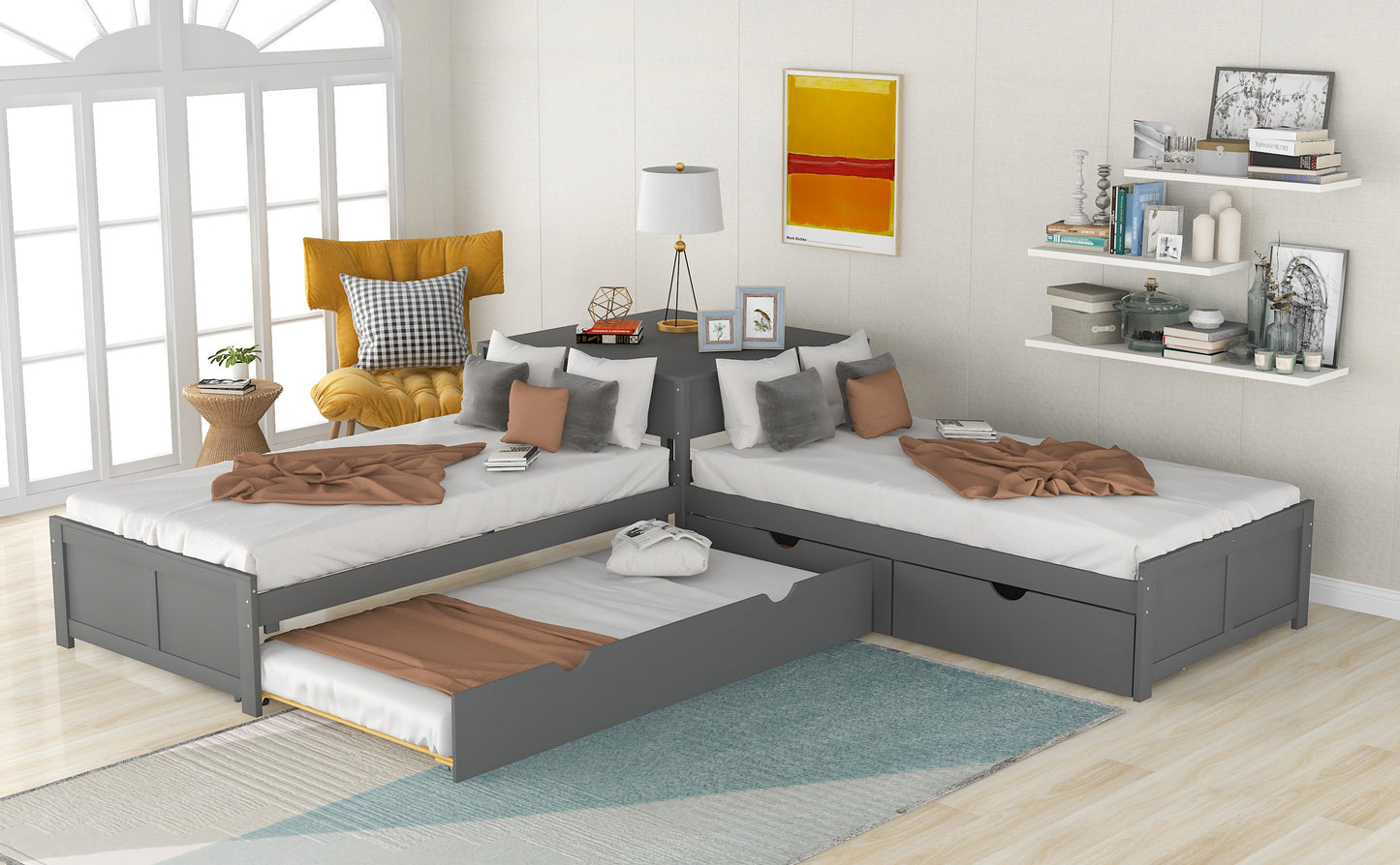 L-shaped Platform Bed with Trundle and Drawers Linked with built-in Desk,Twin,Gray