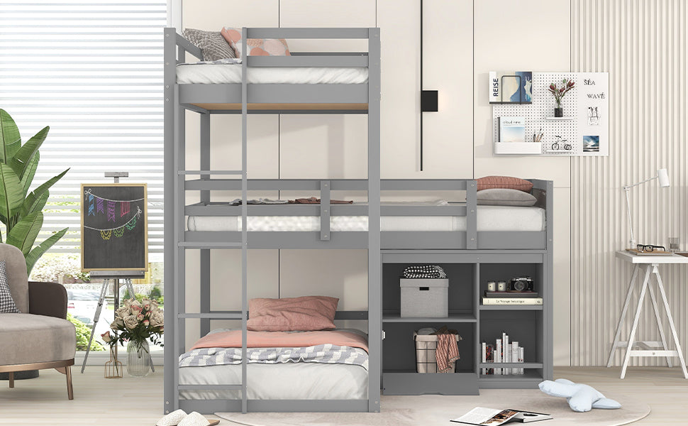 Gray L-shaped Triple Bunk Bed with Storage and Blackboard