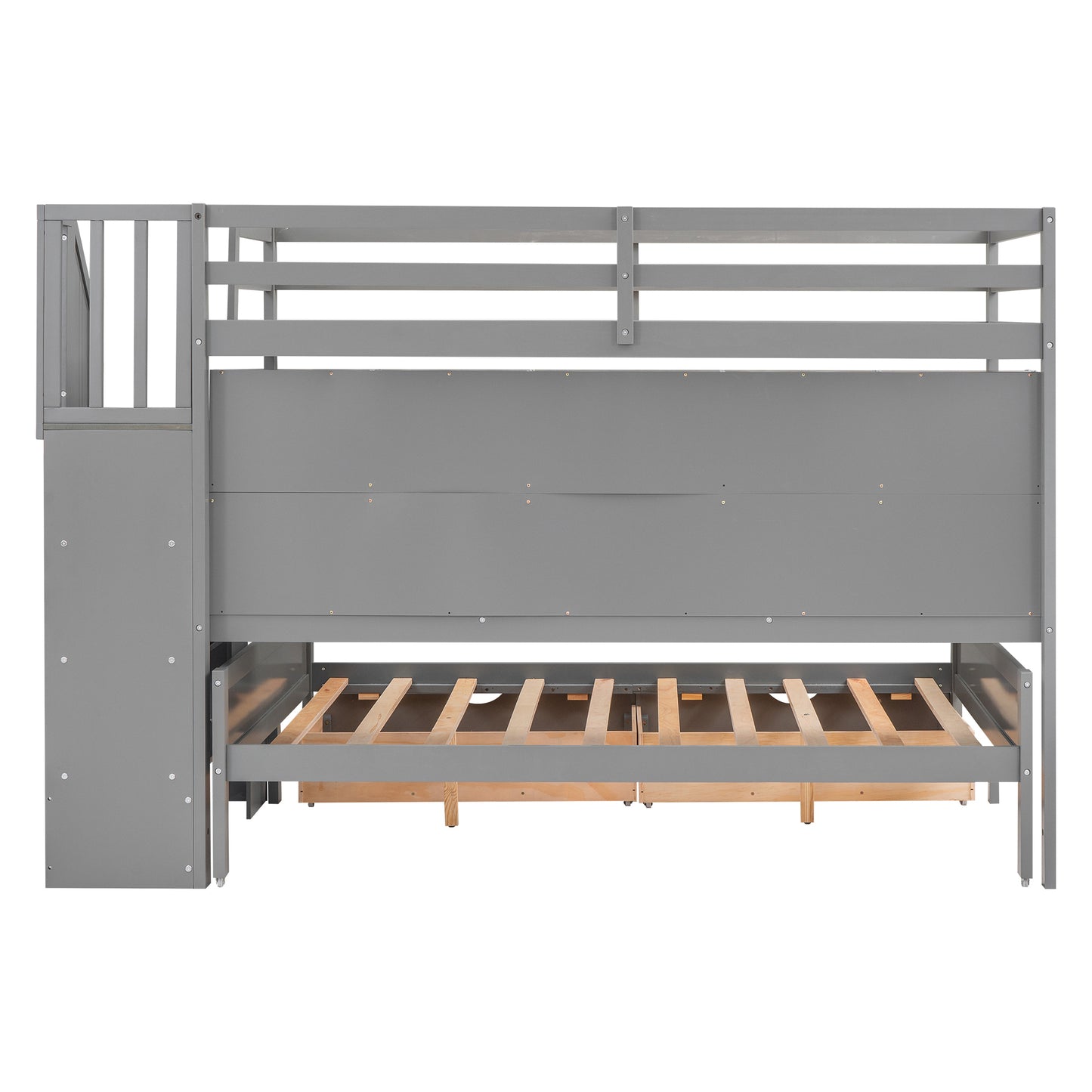 Gray Twin XL over Full Bunk Bed with Study Desk and Storage Solution