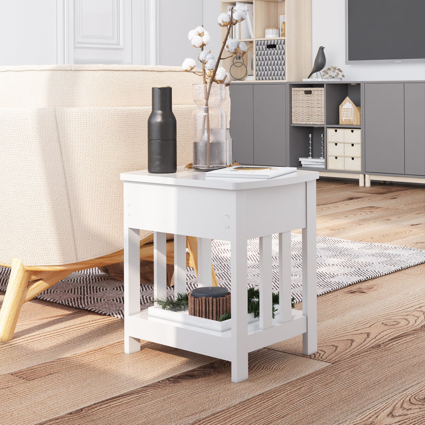 Mission Side Table, 1 Drawer Bedside Table with A Shelve Solid Wood Structure In White Paint Spray, Wooden Nightstand For Bedroom End Table For Living Room, Small Table- White