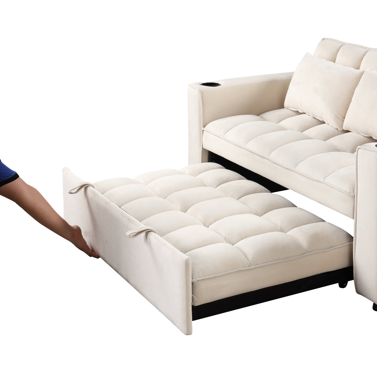 55.3 Multi-functional Sofa Bed with Cup Holder and USB Port for Living Room in Milky White