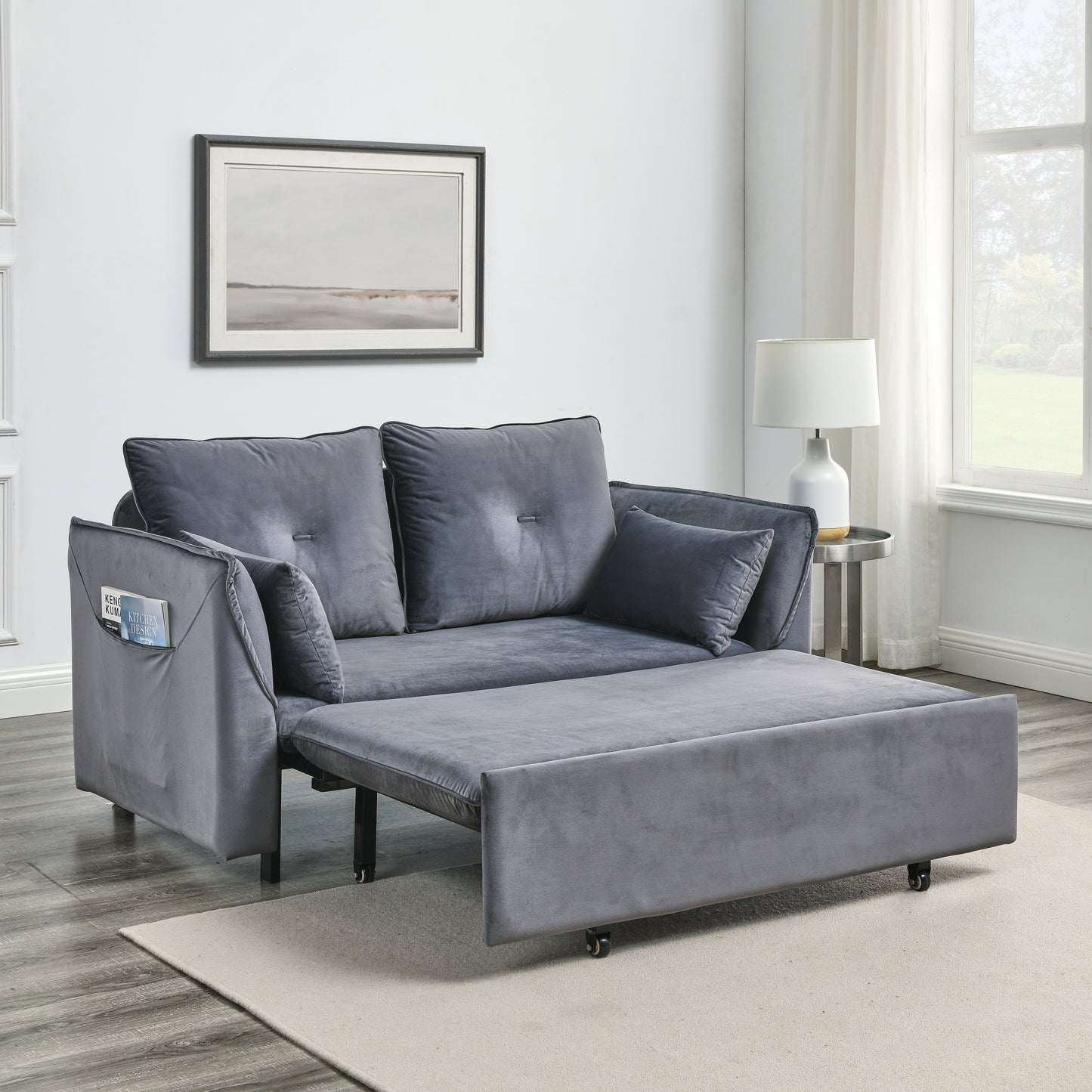 MH 57" Modern Convertible Sofa Bed with 2 Detachable Arm Pockets, Velvet Loveseat Multi-position adjustable Sofa with Pull Out Bed with Bedhead, 2 Pillows and Living Room, Grey