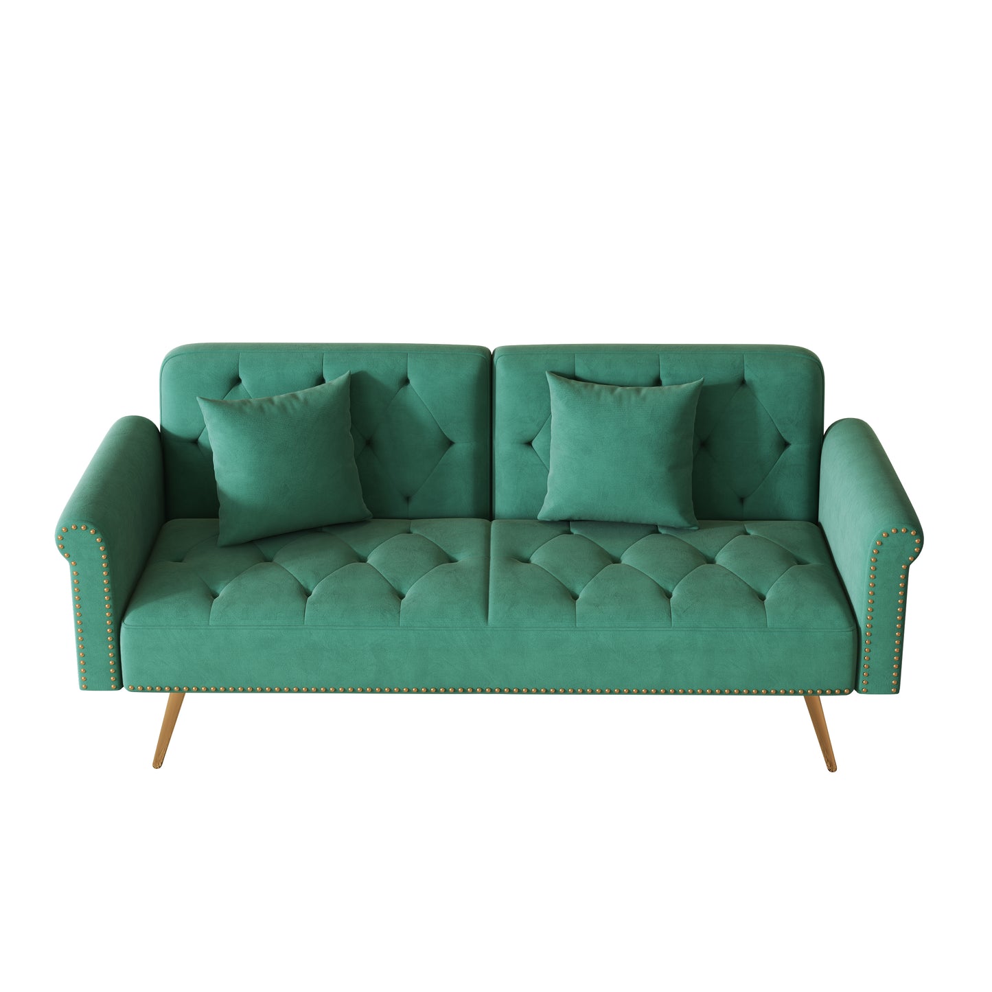 69.7 Green Velvet Sofa Bed with Nail Head Trim and Throw Pillow