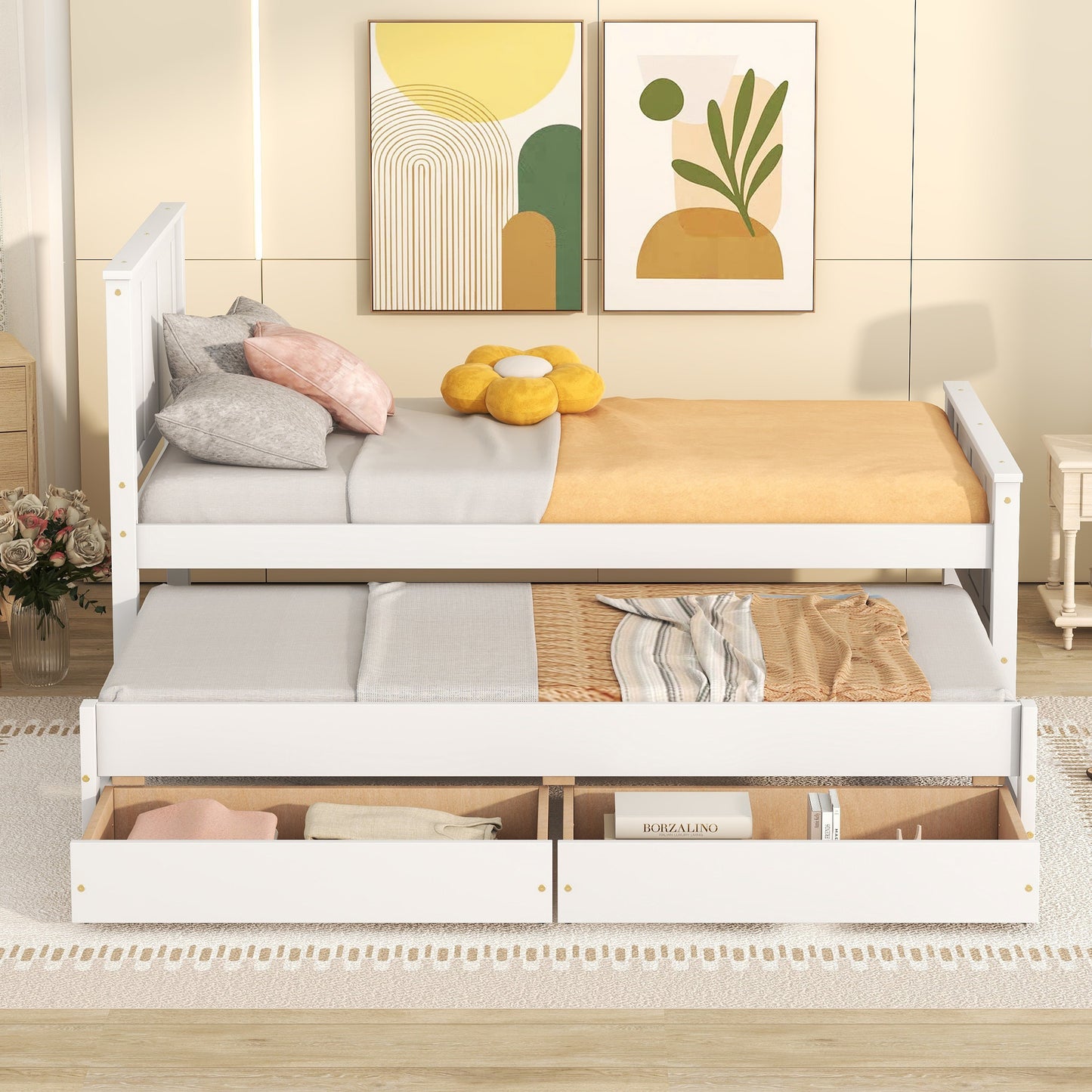 Twin Size Platform Bed with Trundle and Drawers, White