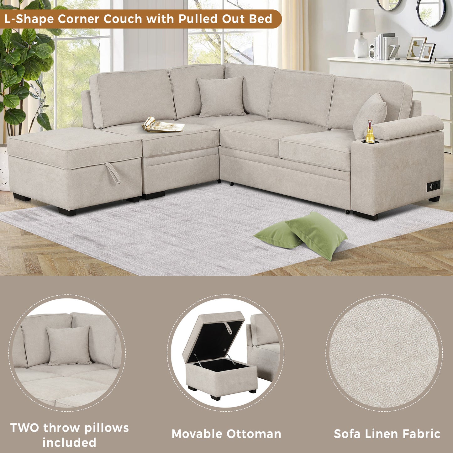 87.4 Beige L-Shape Sleeper Sofa Bed with Storage Ottoman