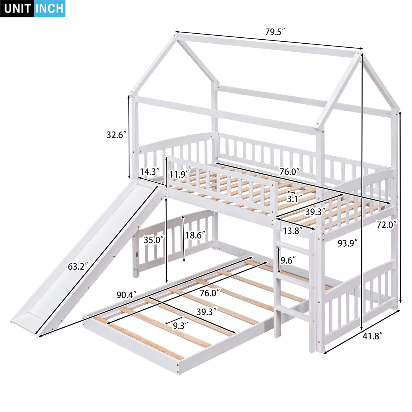 White Twin Over Twin Bunk Bed with Slide and Playhouse