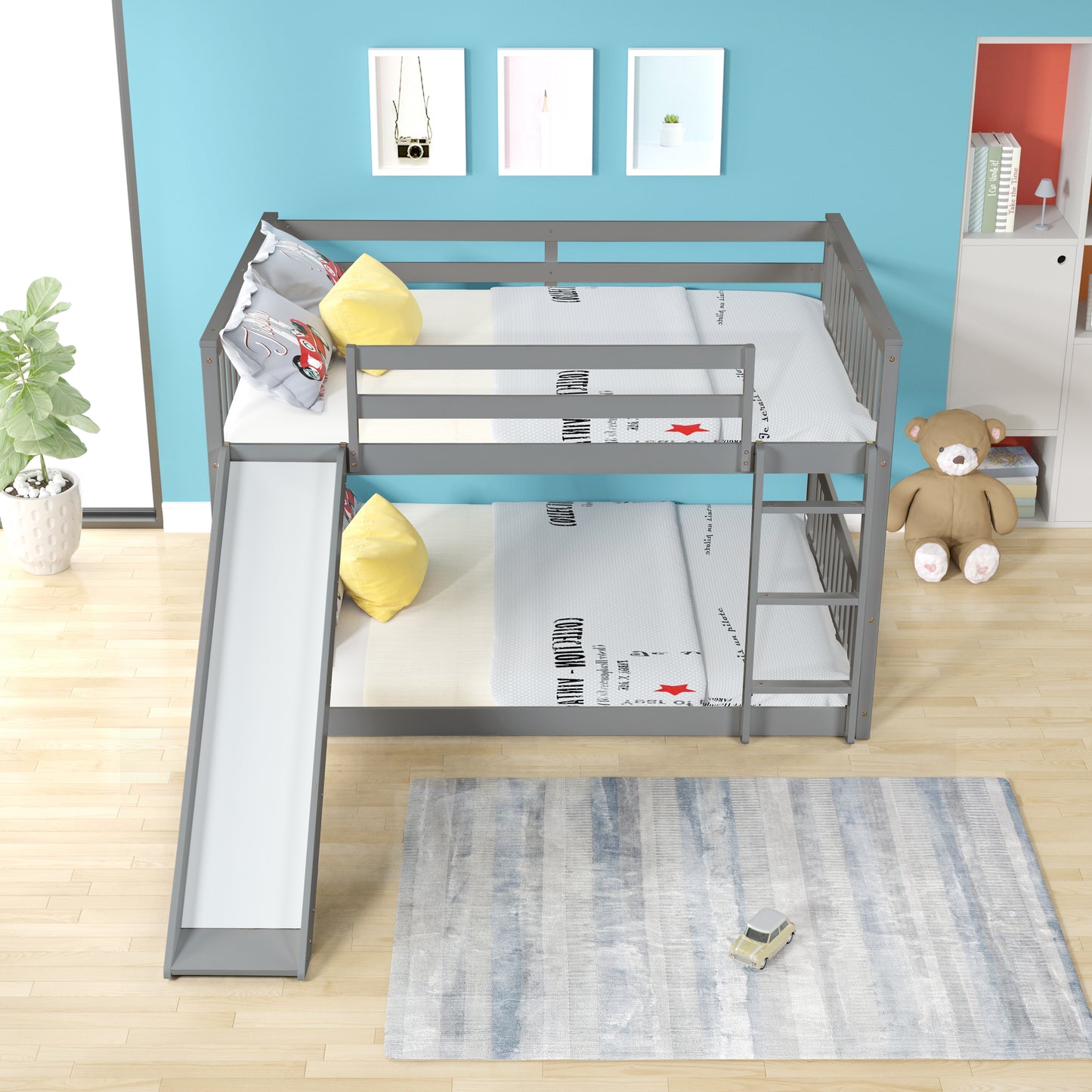 Grey Bunk Bed with Slide, Ladder, and Modern Design