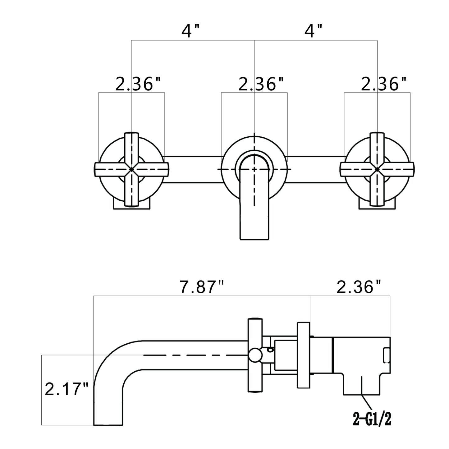 Golden Cross-Handle Wall Mounted Brass Bathroom Faucet