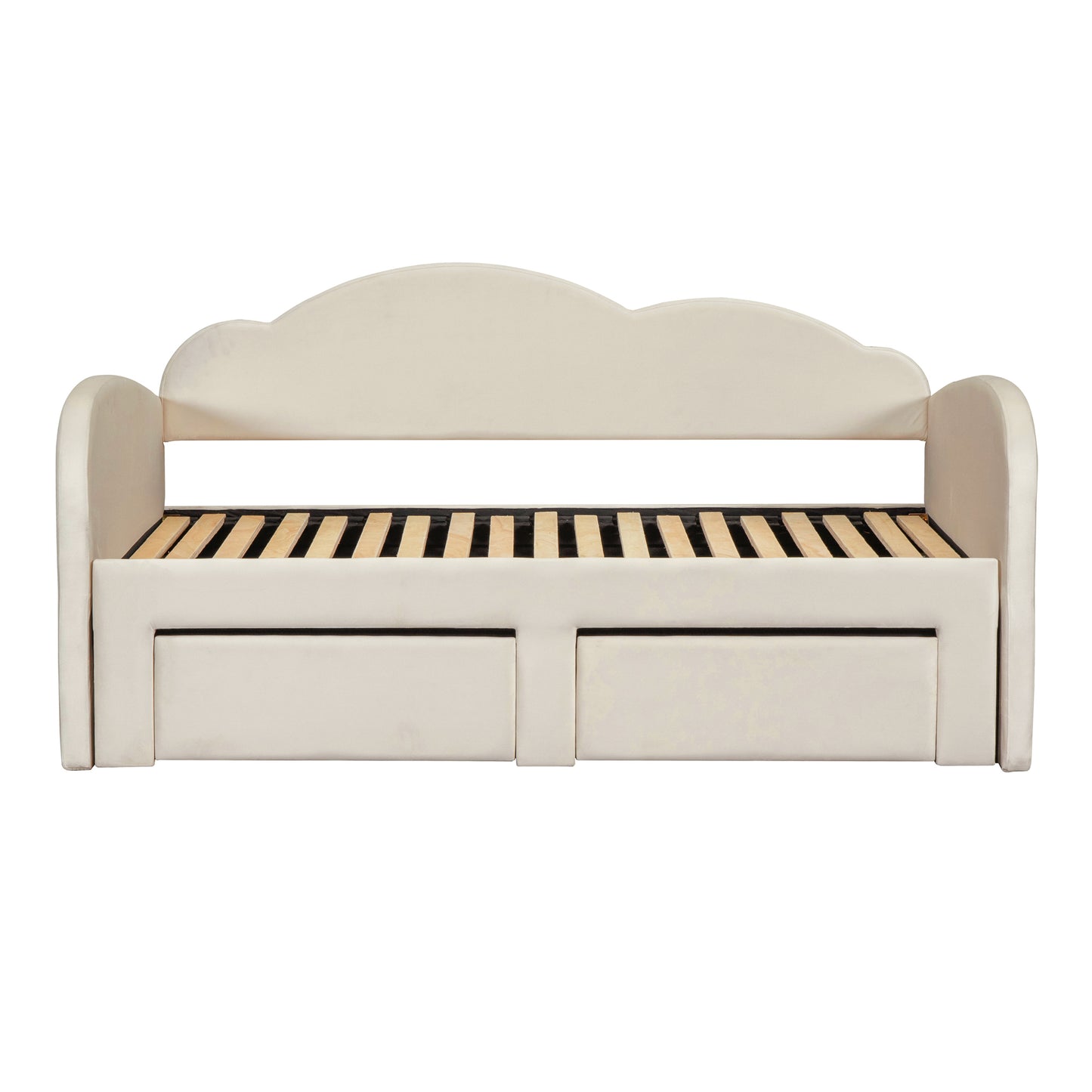 Twin Size Upholstered daybed with Cloud-Shaped Backrest, Trundle & 2 Drawers and USB Ports, Beige