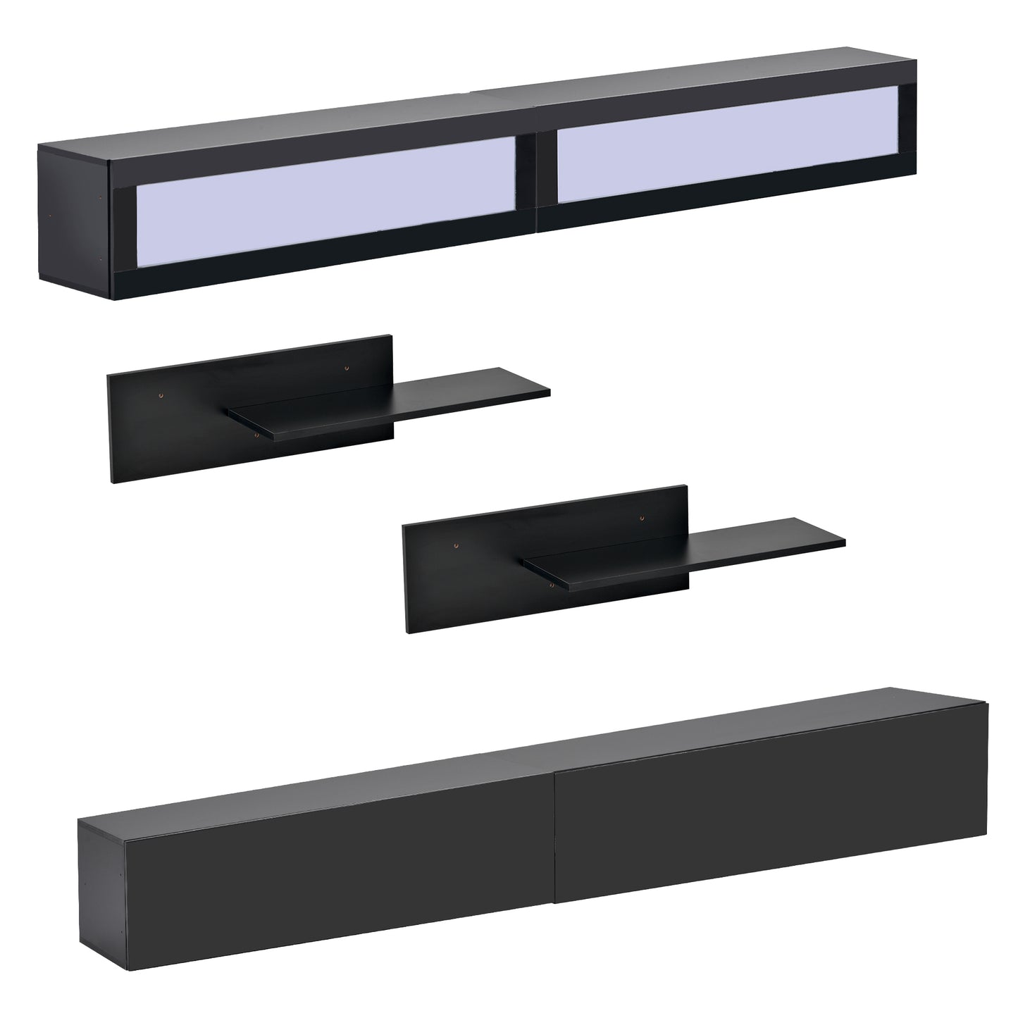 Modern Black Wall Mount Floating TV Stand with LED Lights and Media Storage