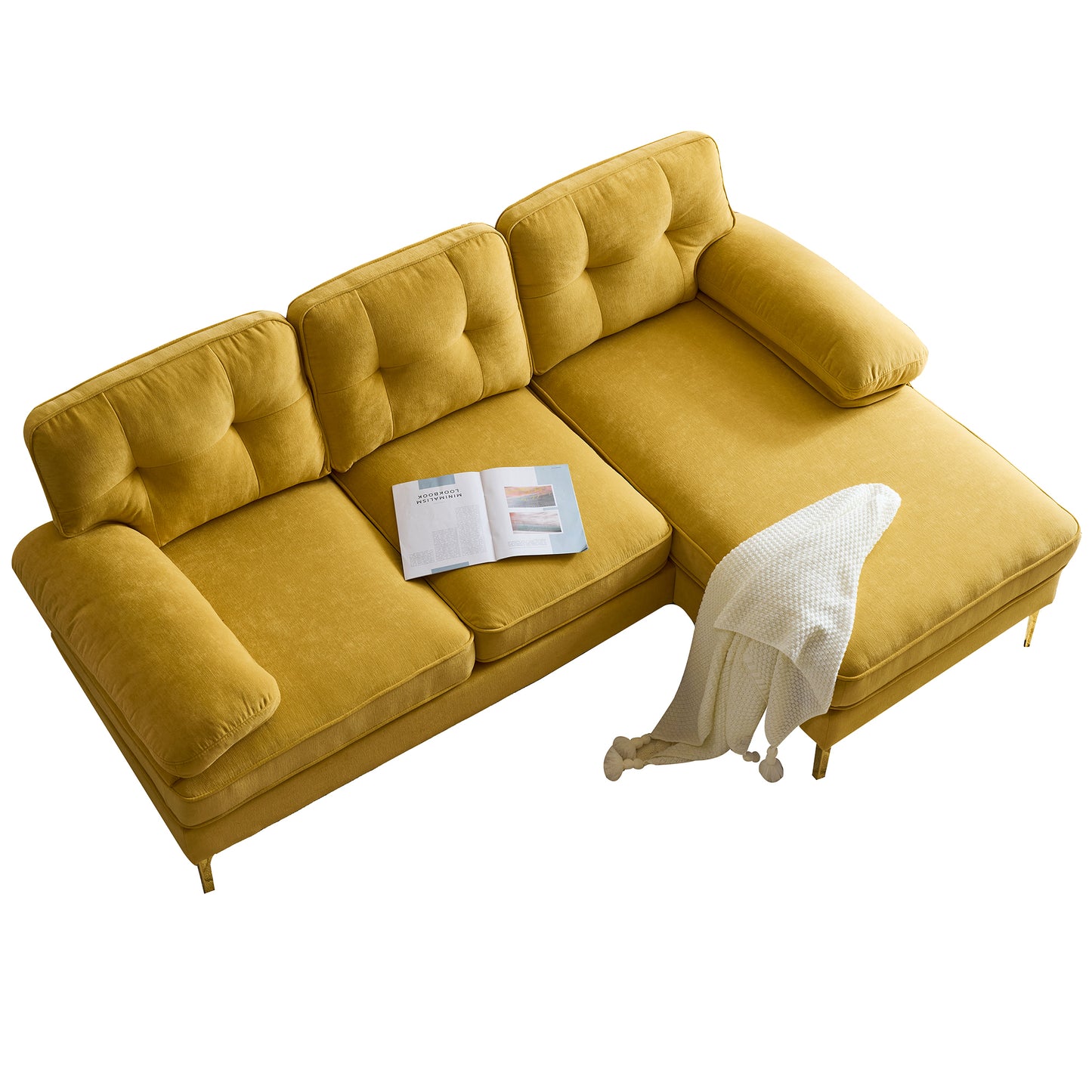 Modern Yellow Velvet L-Shaped Sectional Sofa for Living Room or Bedroom