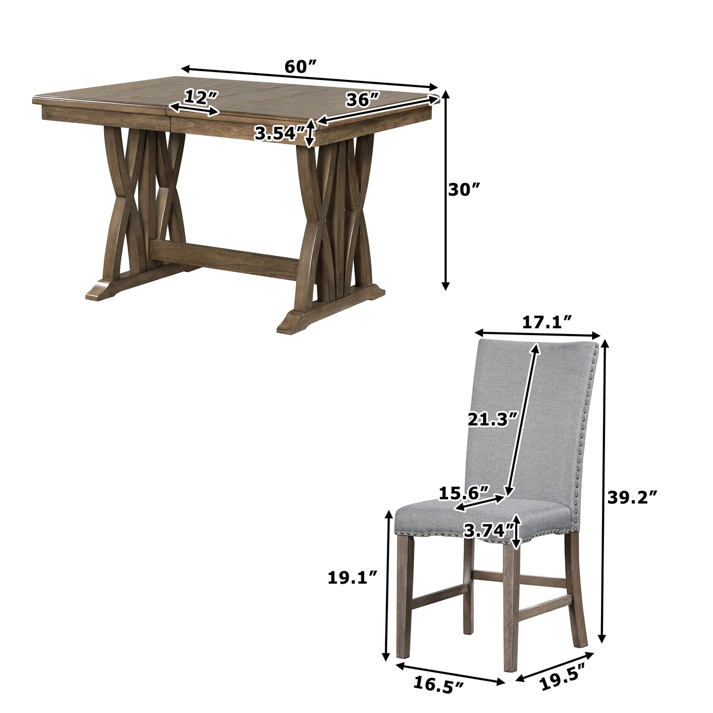 Mid-Century Solid Wood 7-Piece Dining Table Set Extendable Kitchen Table Set with Upholstered Chairs and 12" Leaf for 6, Golden Brown+Gray Cushion