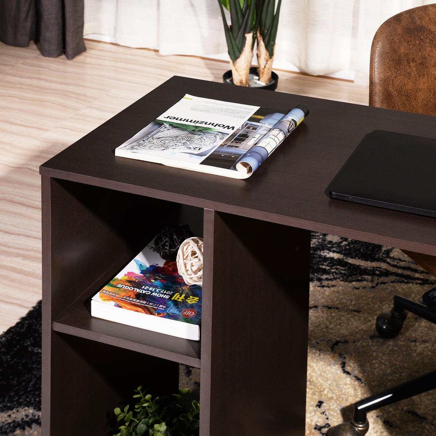 L-Shaped Computer Desk with Open Shelves and Ample Storage