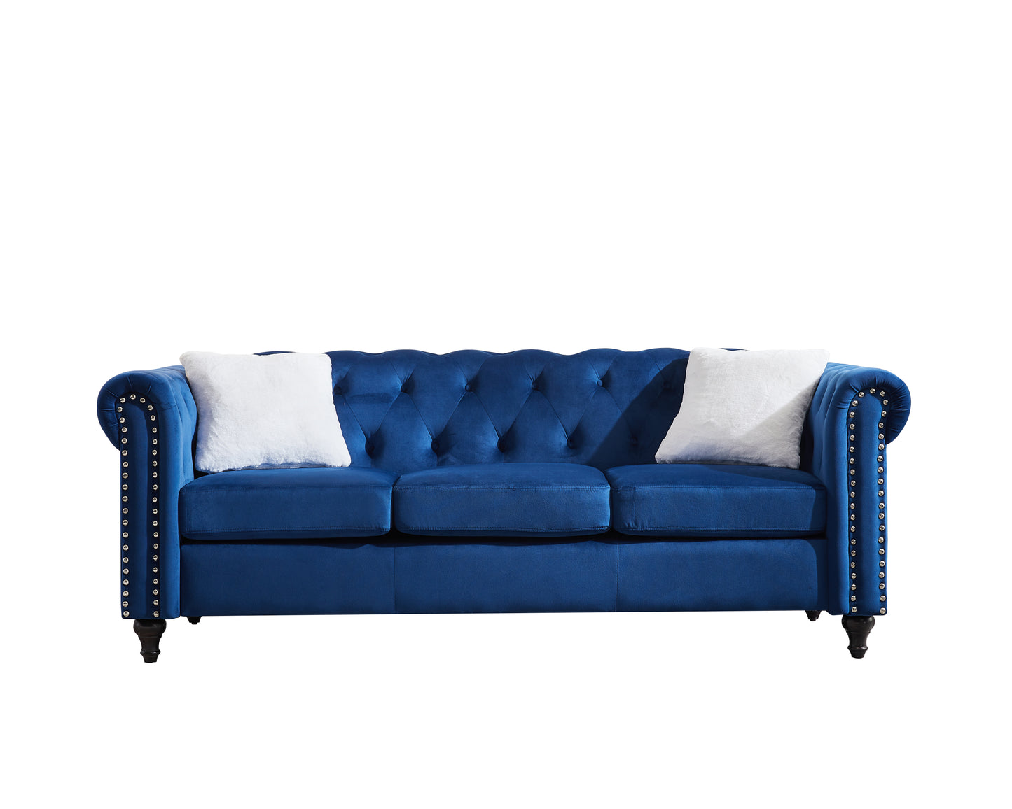 Blue Velvet 3 Piece Living Room Sofa Set with Button Tufting and Copper Nail Accents