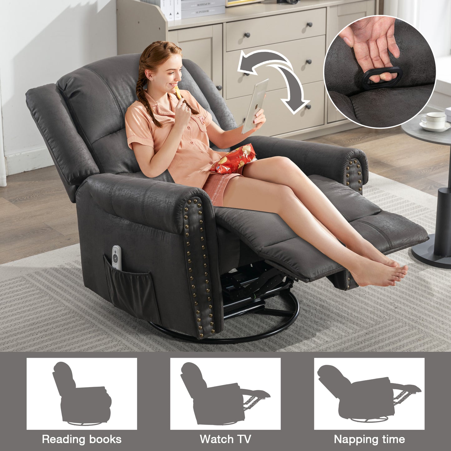 Grey Massage Rocker Recliner Chair with Heating, USB Charge Port, and Vibration Massage