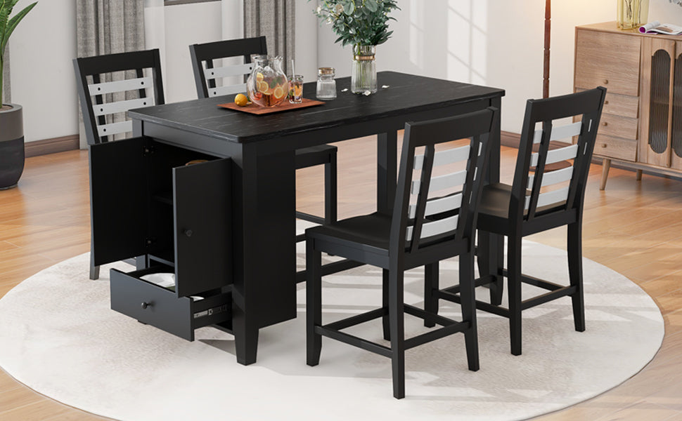 Counter Height 5-piece Dining Table Set with Faux Marble Tabletop, Solid Wood Table Set with Storage Cabinet and Drawer, Black