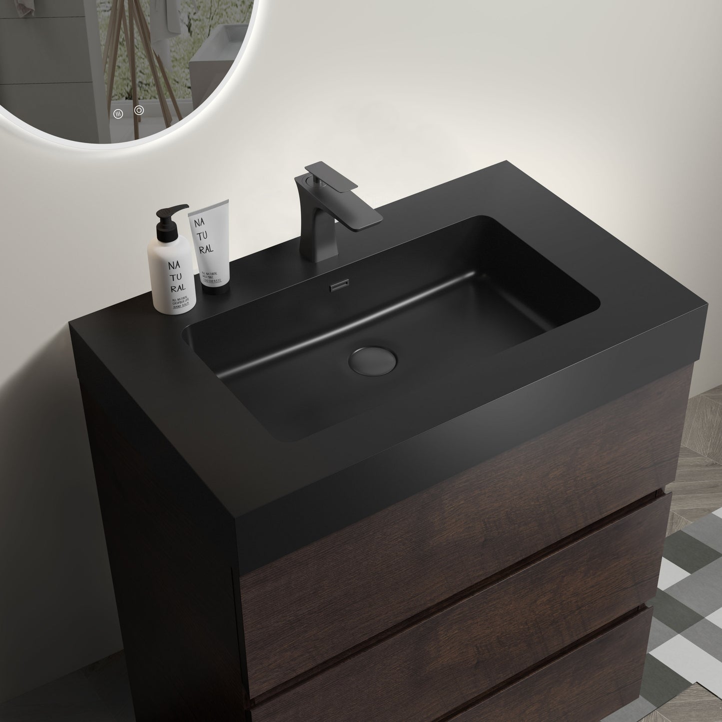 Alice 30" Walnut Bathroom Vanity with Sink, Large Storage Freestanding Bathroom Vanity for Modern Bathroom, One-Piece Black Sink Basin without Drain and Faucet