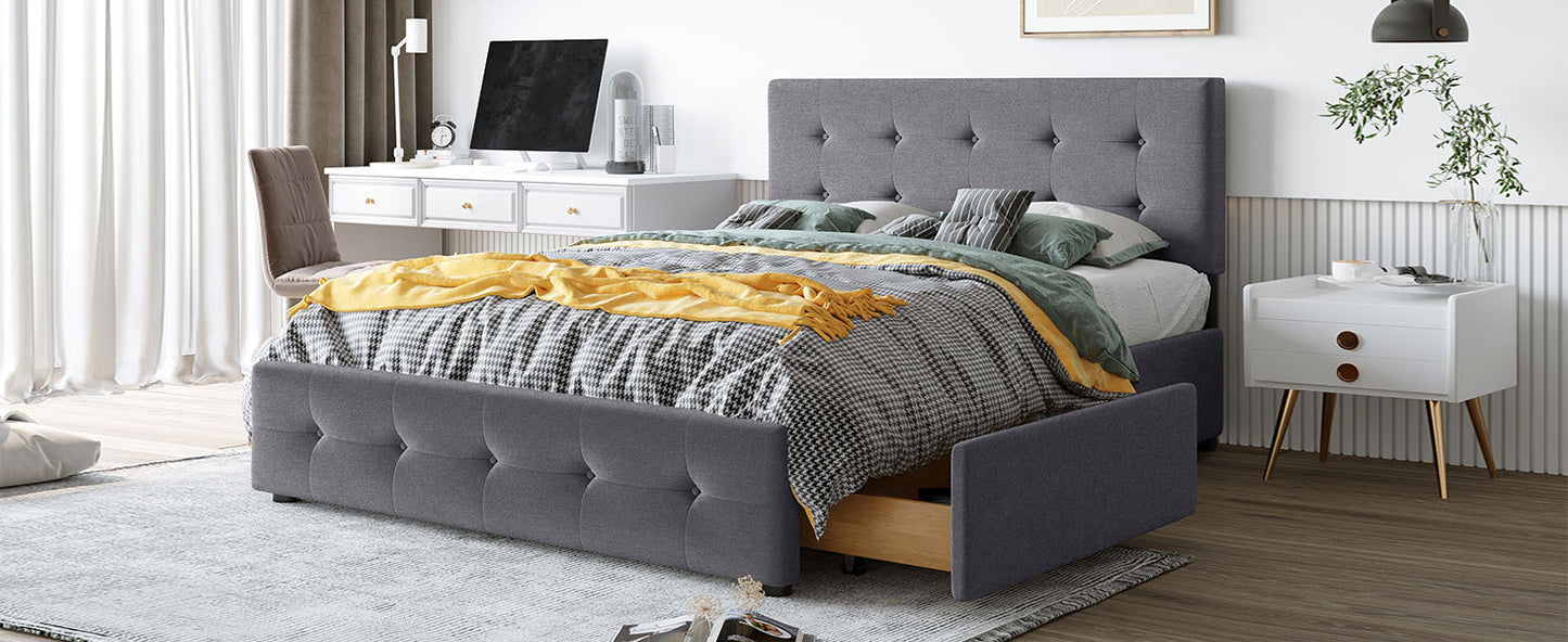 Upholstered Platform Bed with Classic Headboard and 4 Drawers, No Box Spring Needed, Linen Fabric, Queen Size Dark gray