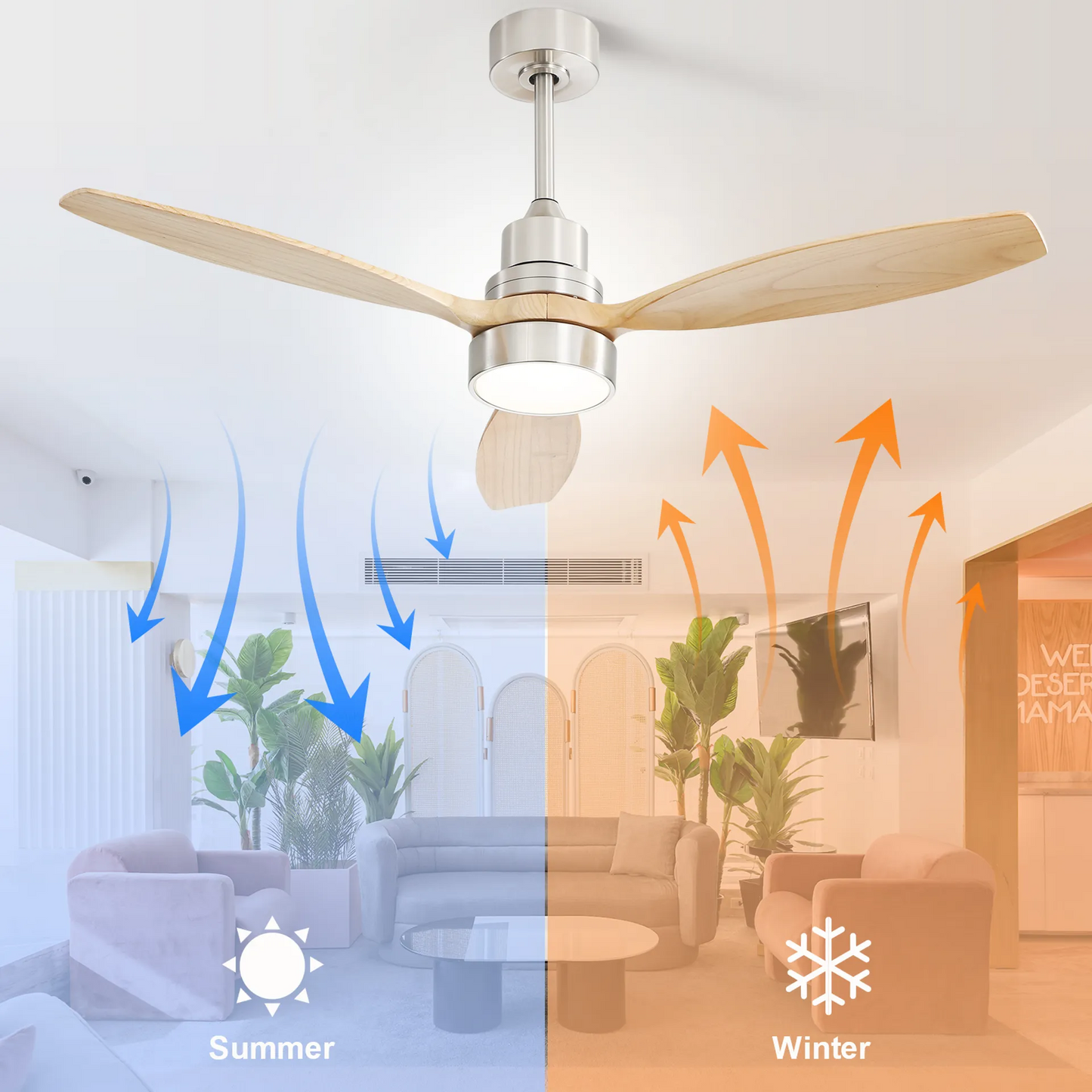 52 Modern Wooden Ceiling Fan with LED Light and Remote Control