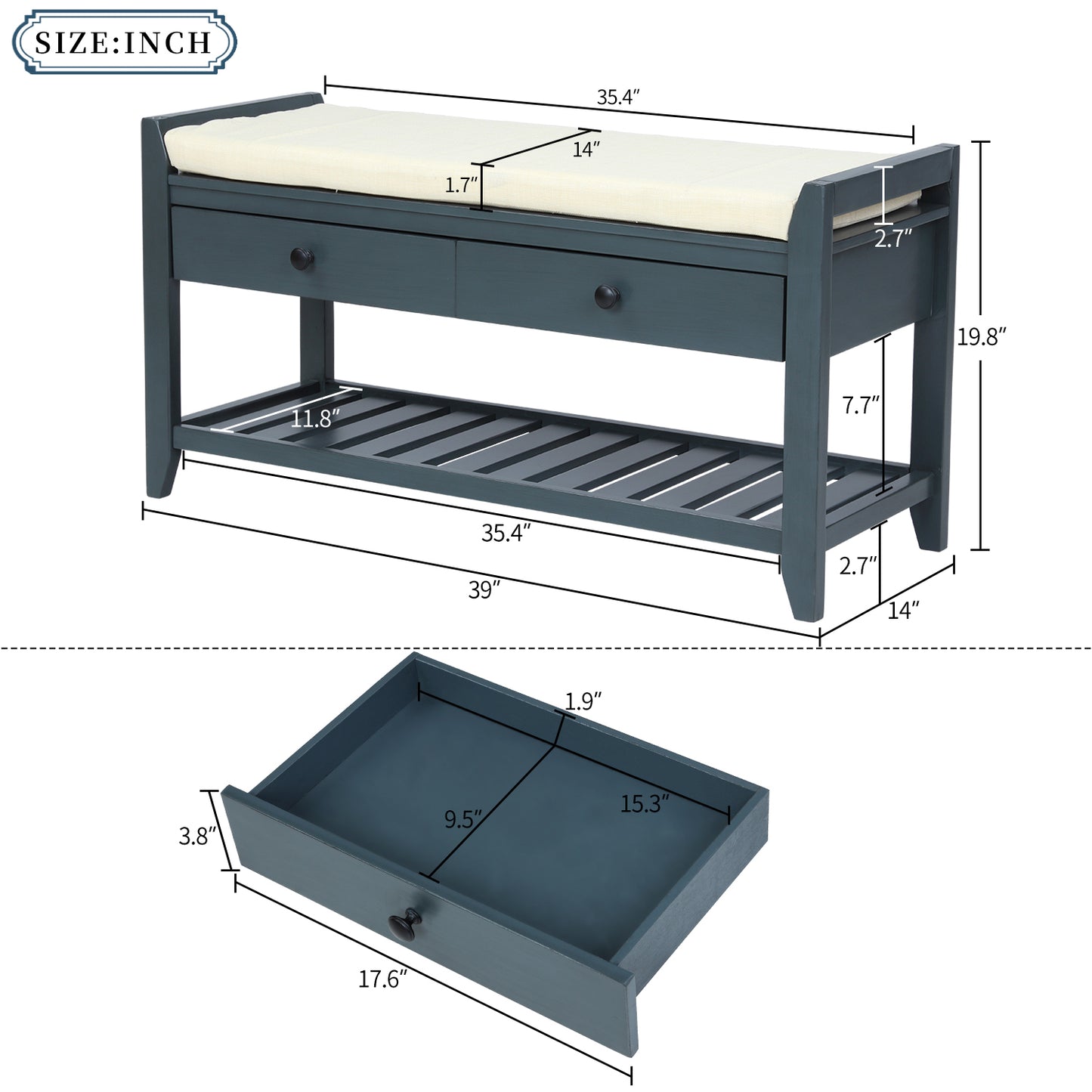 TREXM  Shoe Rack with Cushioned Seat and Drawers, Multipurpose Entryway Storage Bench (Antique Navy)