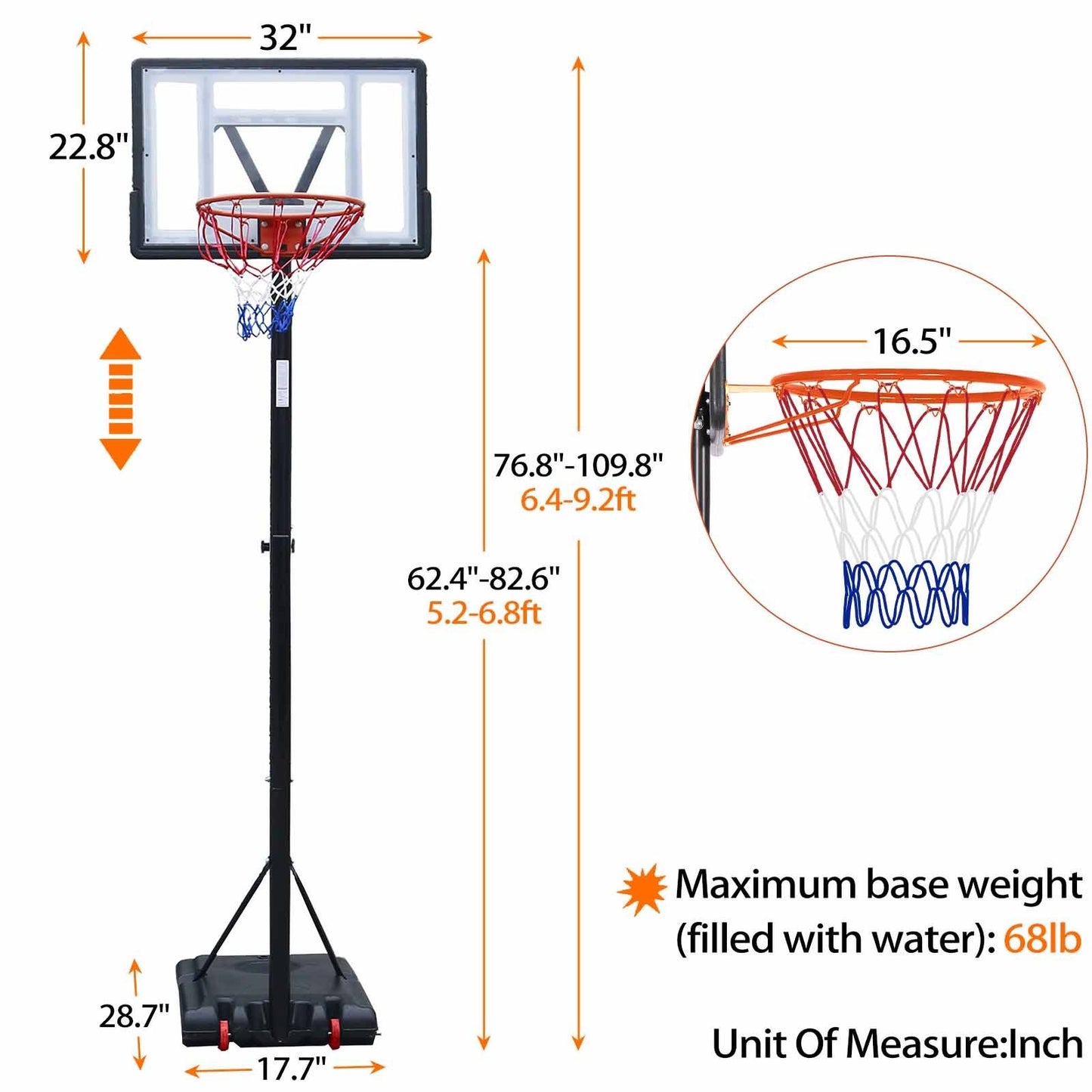 Basketball Hoop Outdoor, 5.2 Ft to 6.8Ft Adjustable Basketball Goal with 32" Backboard & 16" Basket, All Weather Portable Basketball Stand Wheels, for Kids Youth Adult, Indoor Gym, Driveway