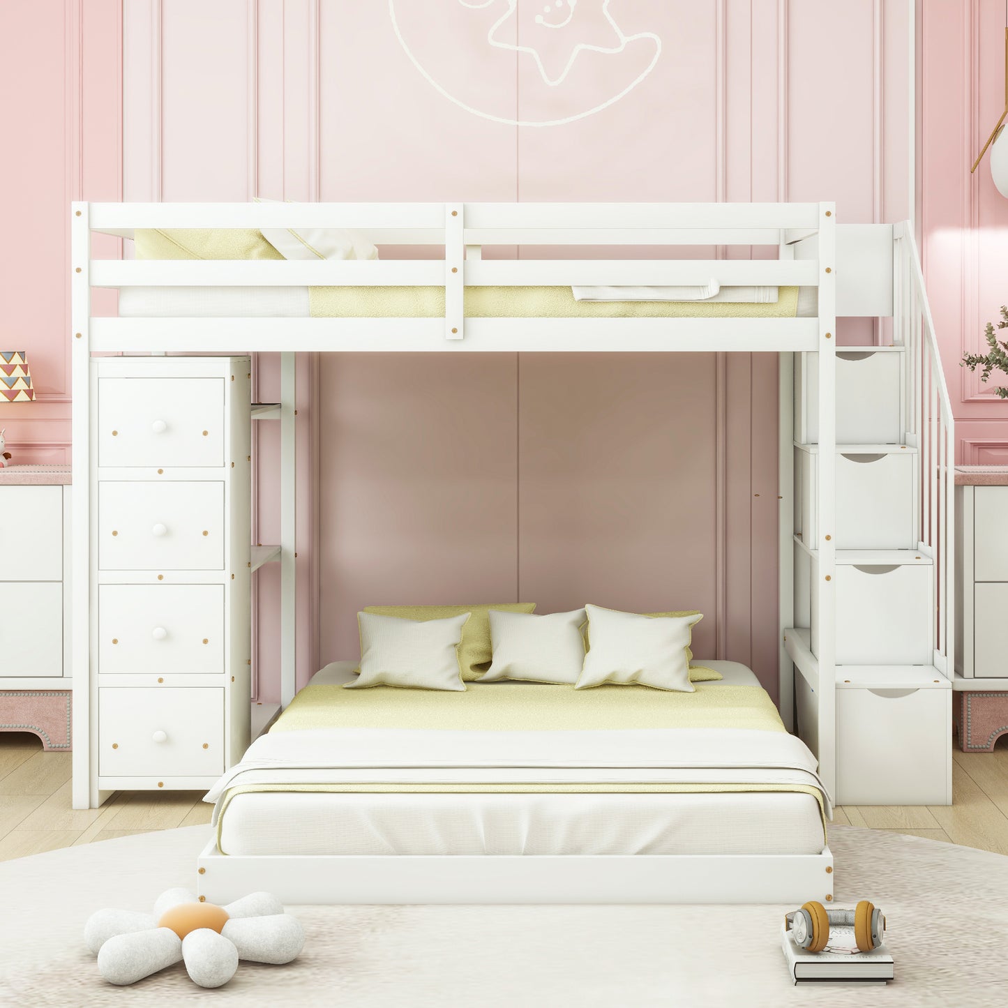 White Twin Over Full Bunk Bed with Storage Stairs & Drawers for Space-Saving Solution