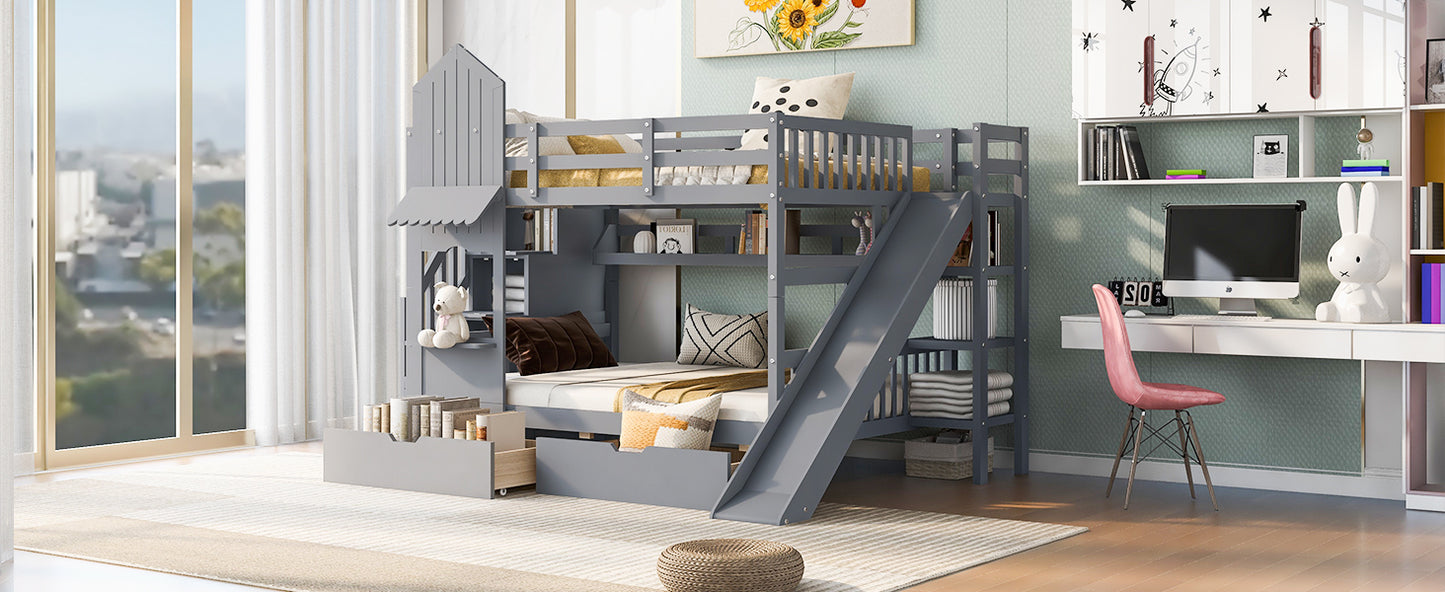 Castle Loft Bunk Bed with Slide, Drawers, and Shelves - Gray: Magical Castle Style Loft Bed with Slide, Drawers, and Shelves