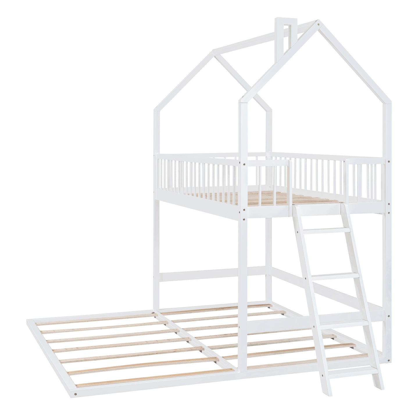 House-Shaped Twin Bunk Bed with Trundle, Ladder, and Twin Over Twin Size Sleep Space