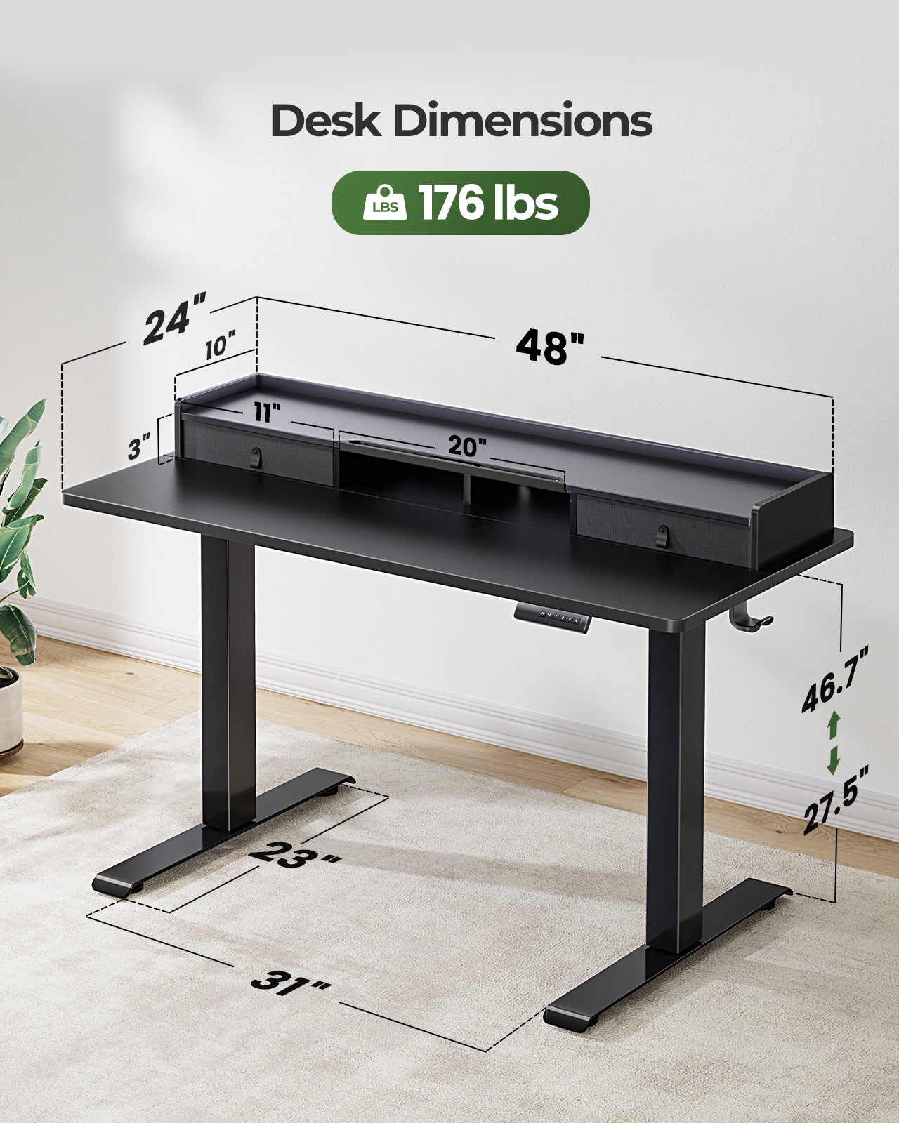 Adjustable Electric Standing Desk with Storage and Memory Presets in Black