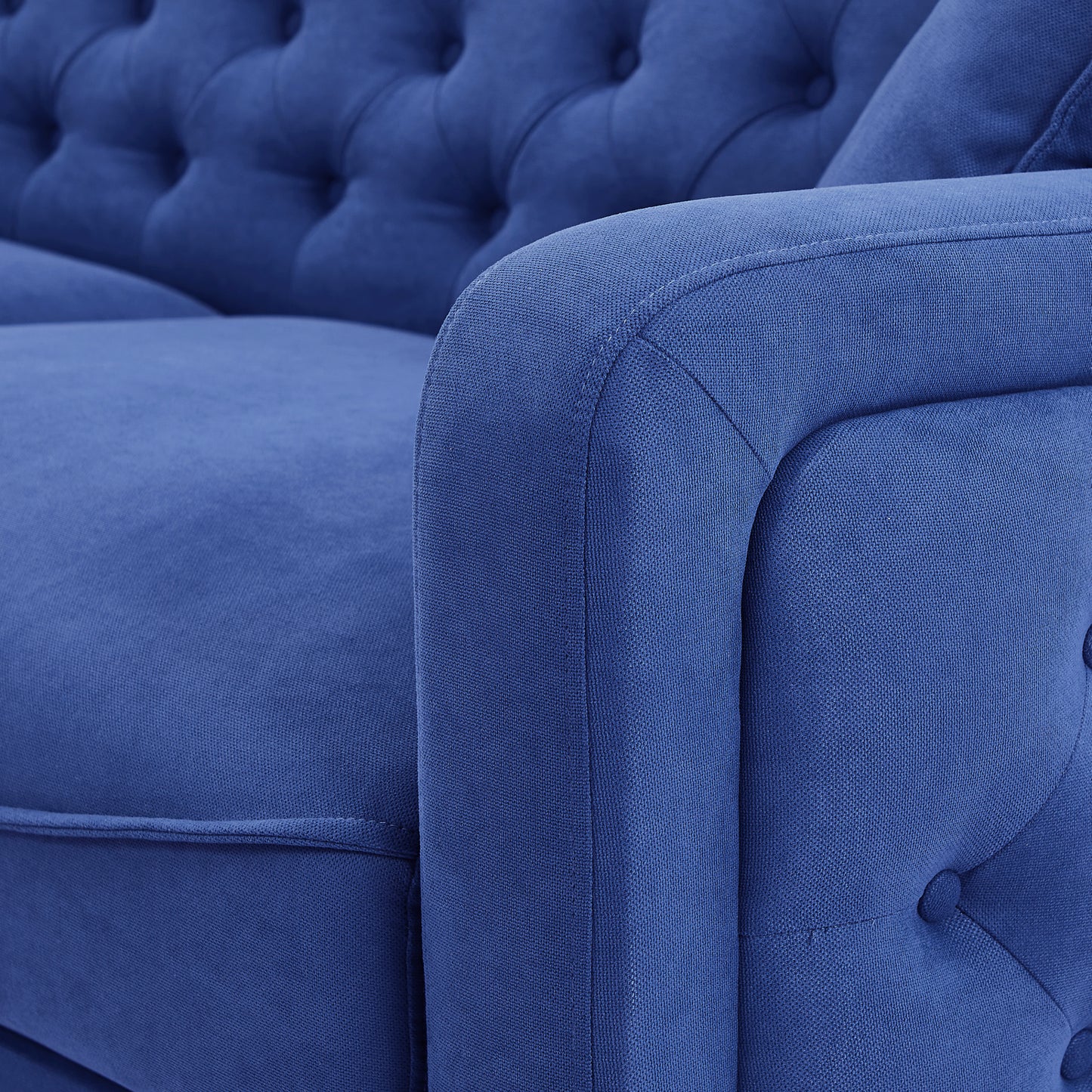 Blue Linen Three-Seat Sofa with Tufted Upholstery