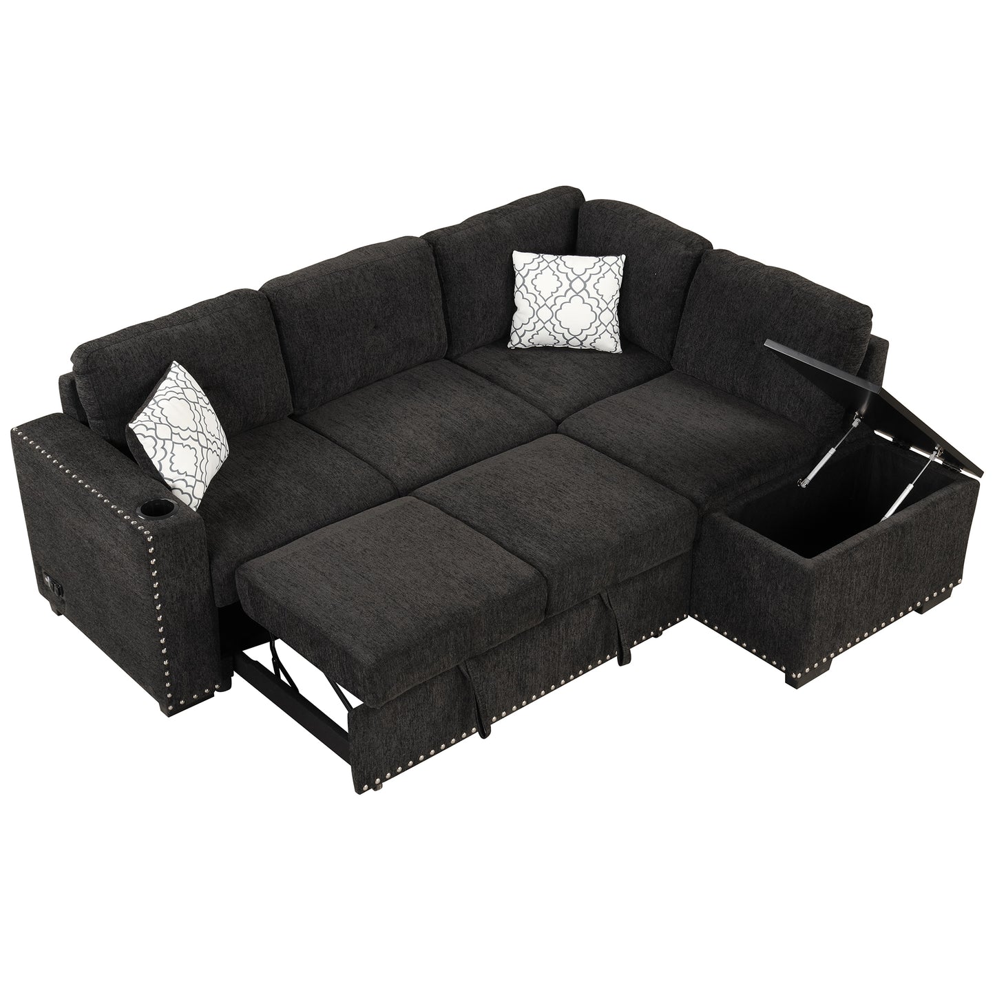 83.8 L-Shaped Reversible Sectional Sleeper Sofa with Cup Holder and USB Ports, Black