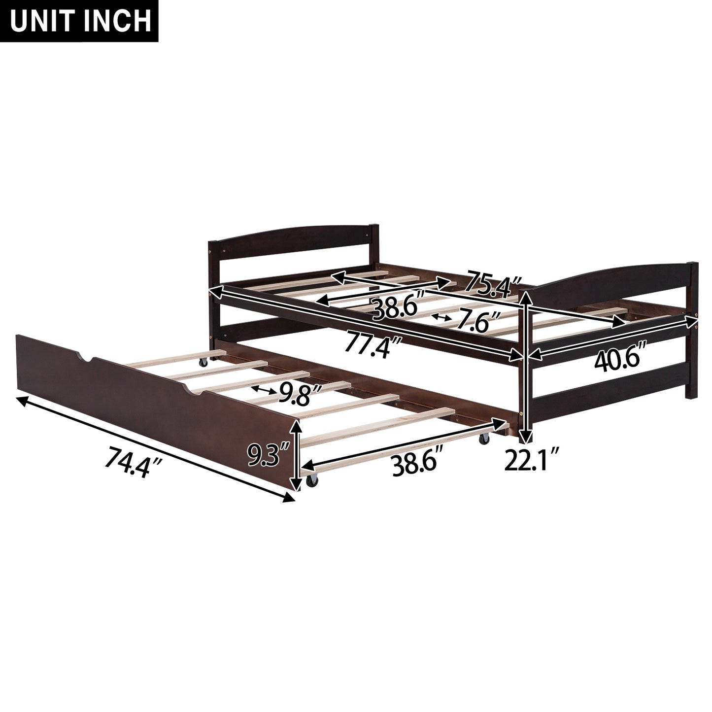 Twin Size Platform Bed with Twin Size Trundle, Espresso(Expected Arrival Time: 1.7)