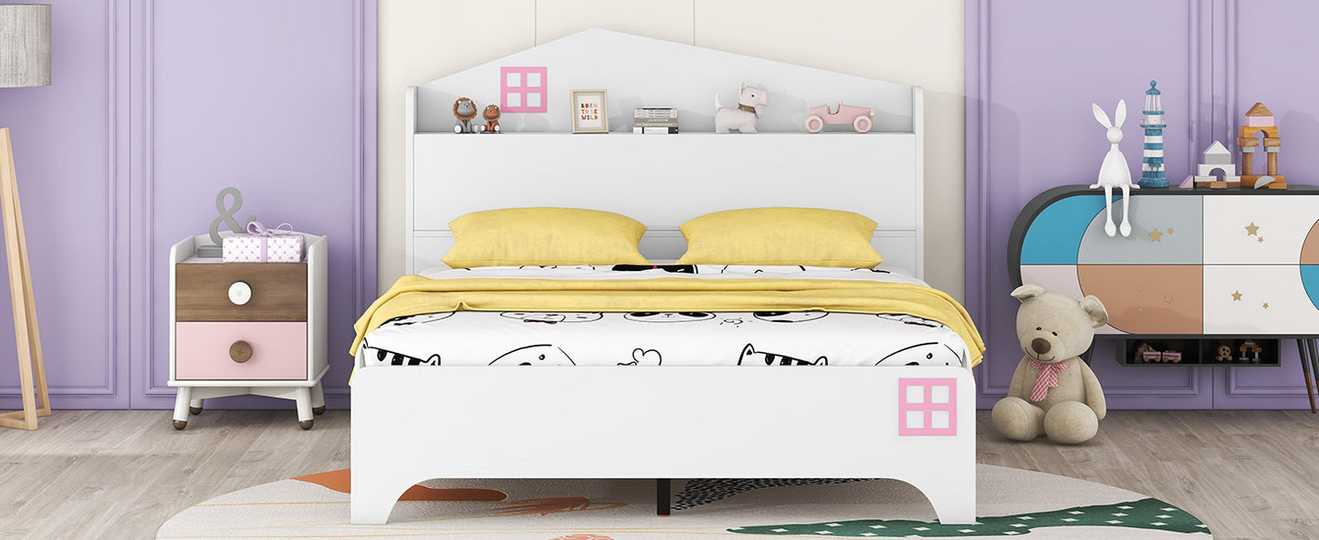 Wooden Full Size House Bed with Storage Headboard ,Kids Bed with Storage Shelf,White