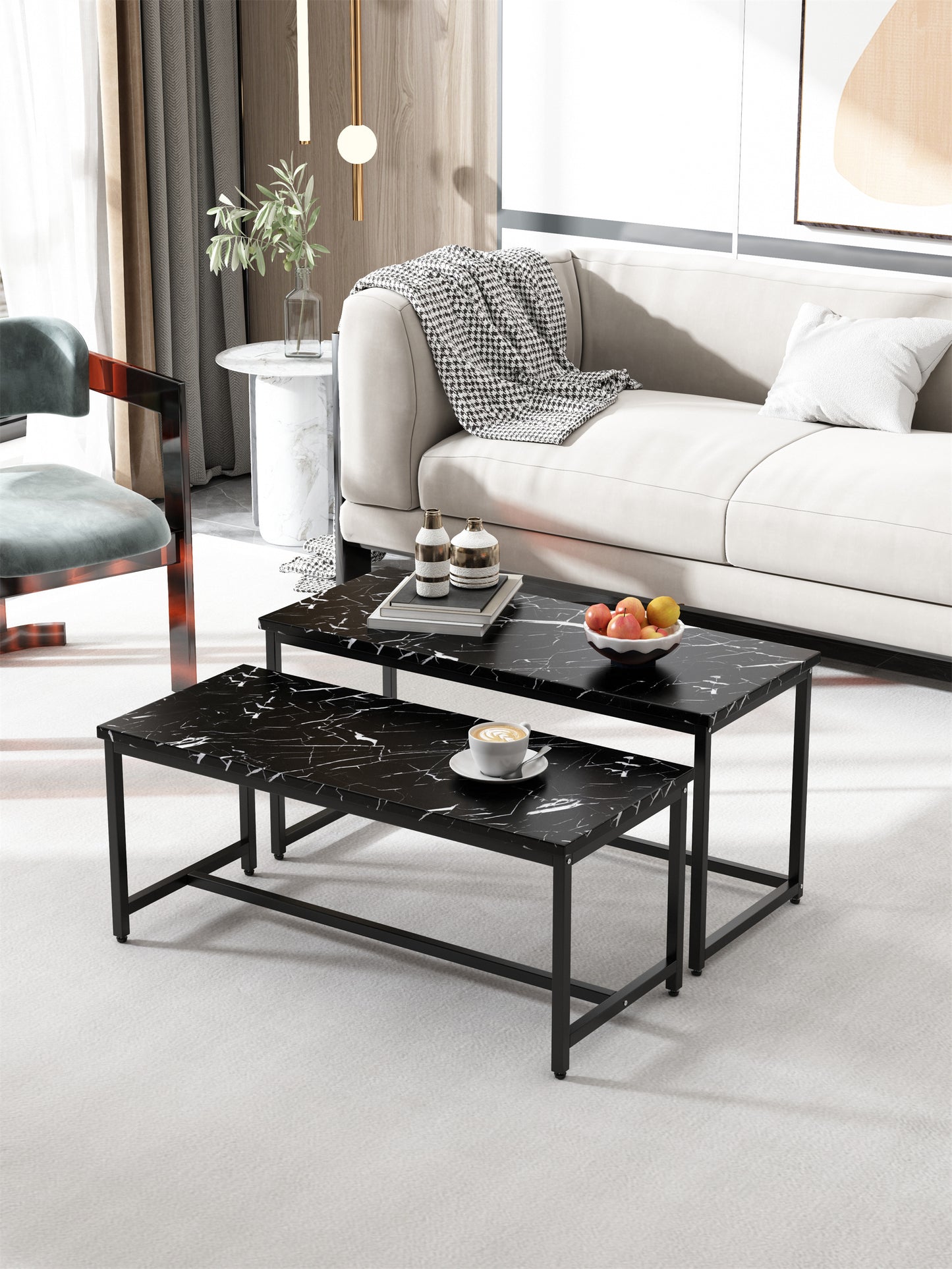 Elegant Marble Black Nesting Coffee Tables, 2-Piece Set