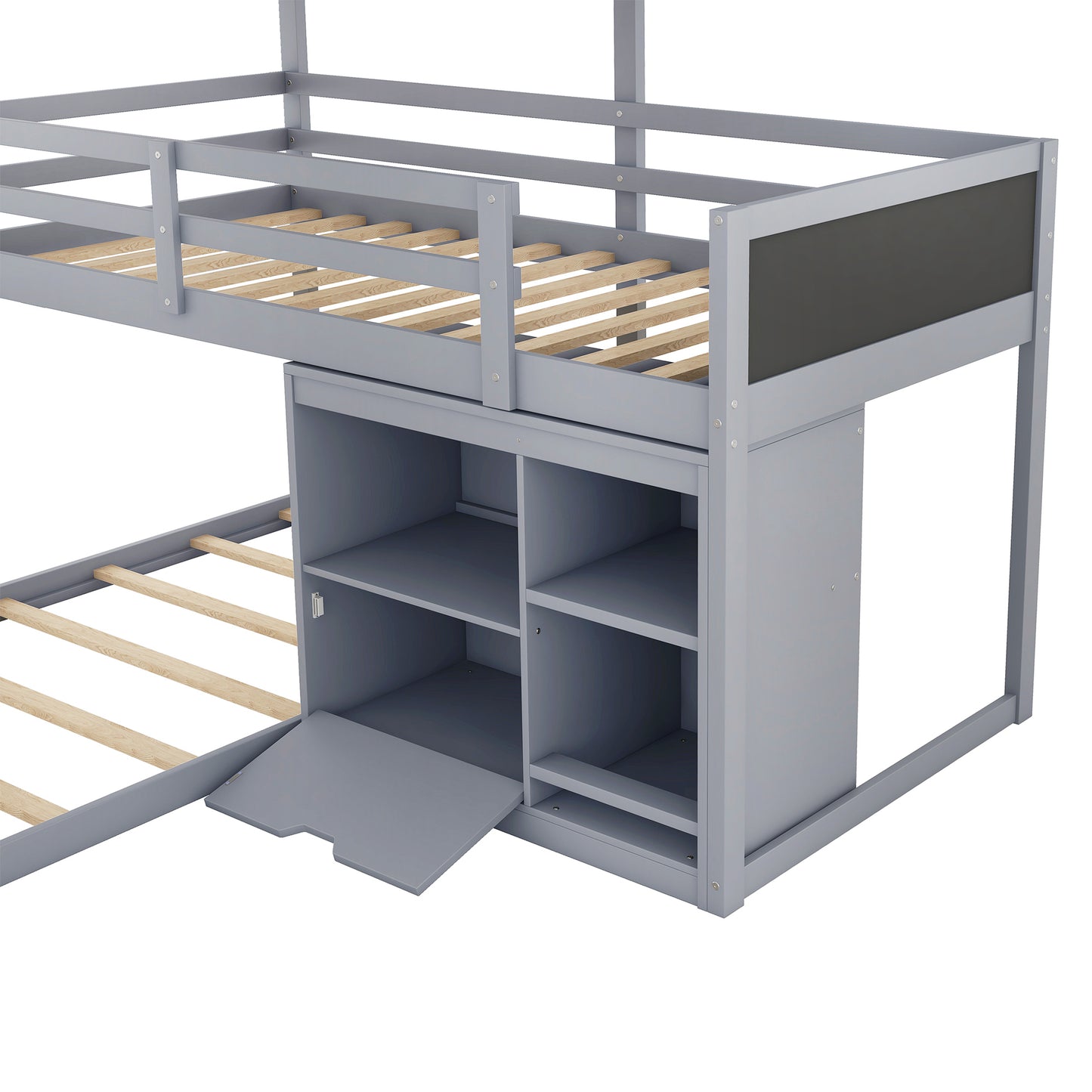 Gray L-shaped Triple Bunk Bed with Storage and Blackboard