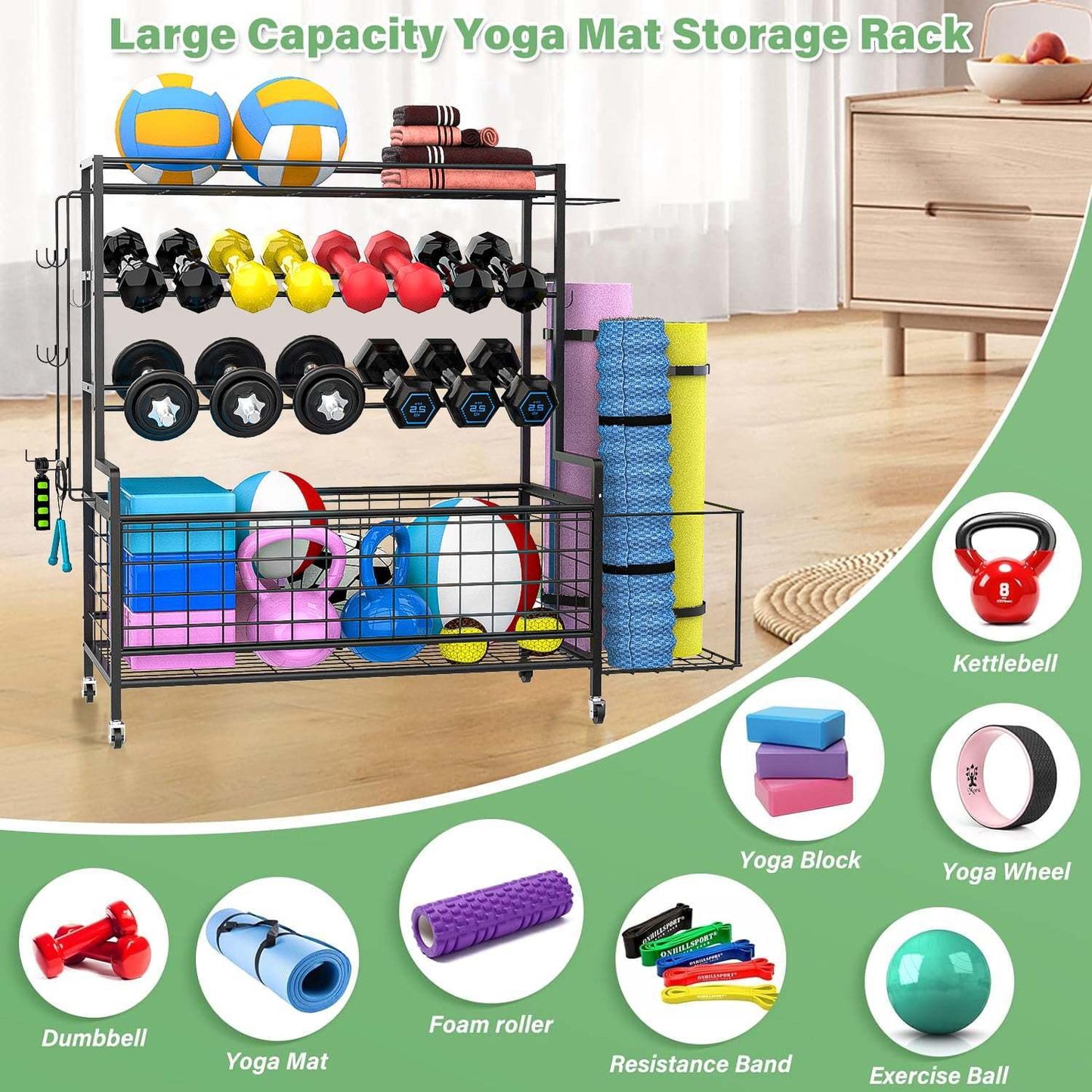 Yoga Mat Holder, Yoga Mat Storage Rack, Home Gym Storage With Hooks and Wheels ,Black